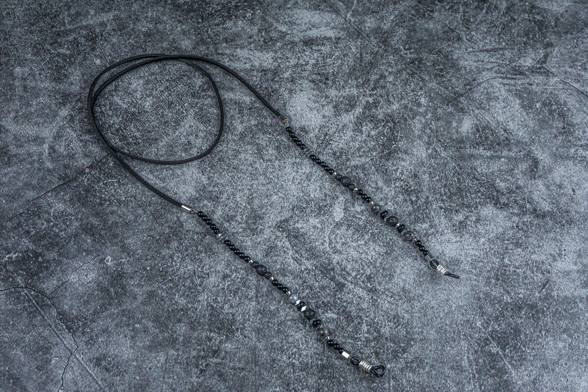 mens black leather and onyx labradorite and lava stone gemstone beaded sunglasses holder- wander jewellery