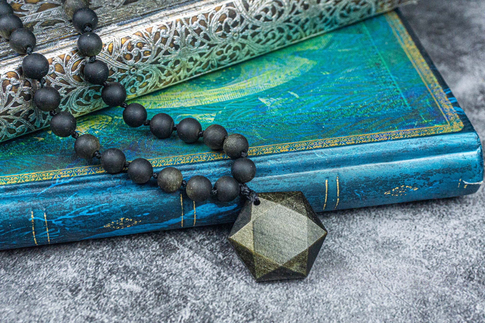 mens long black obsidian beaded necklace with a geometric obsidian central pendant- wander jewellery