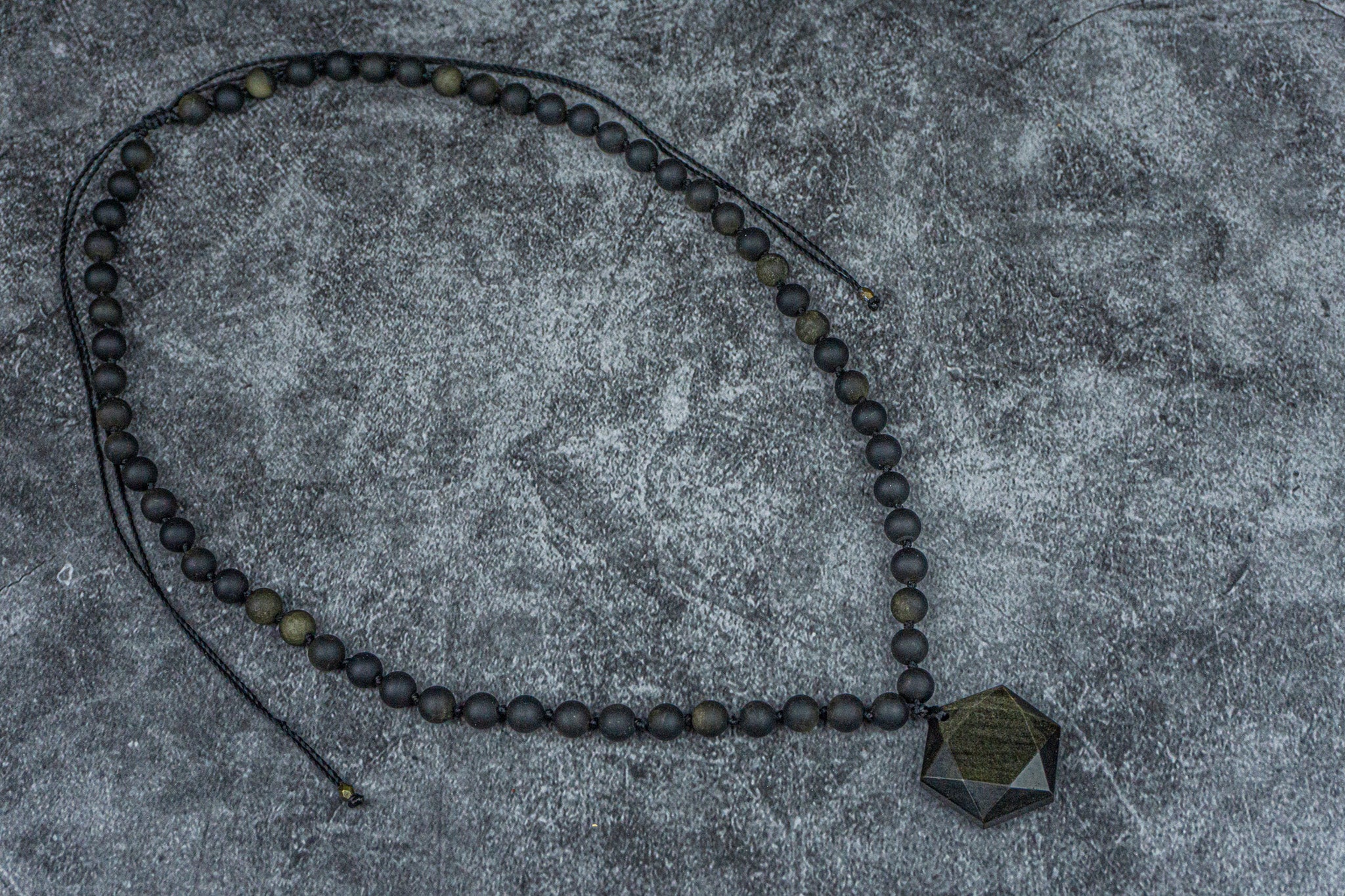 golden obsidian beaded necklace with a geometric obsidian pendant- wander jewellery