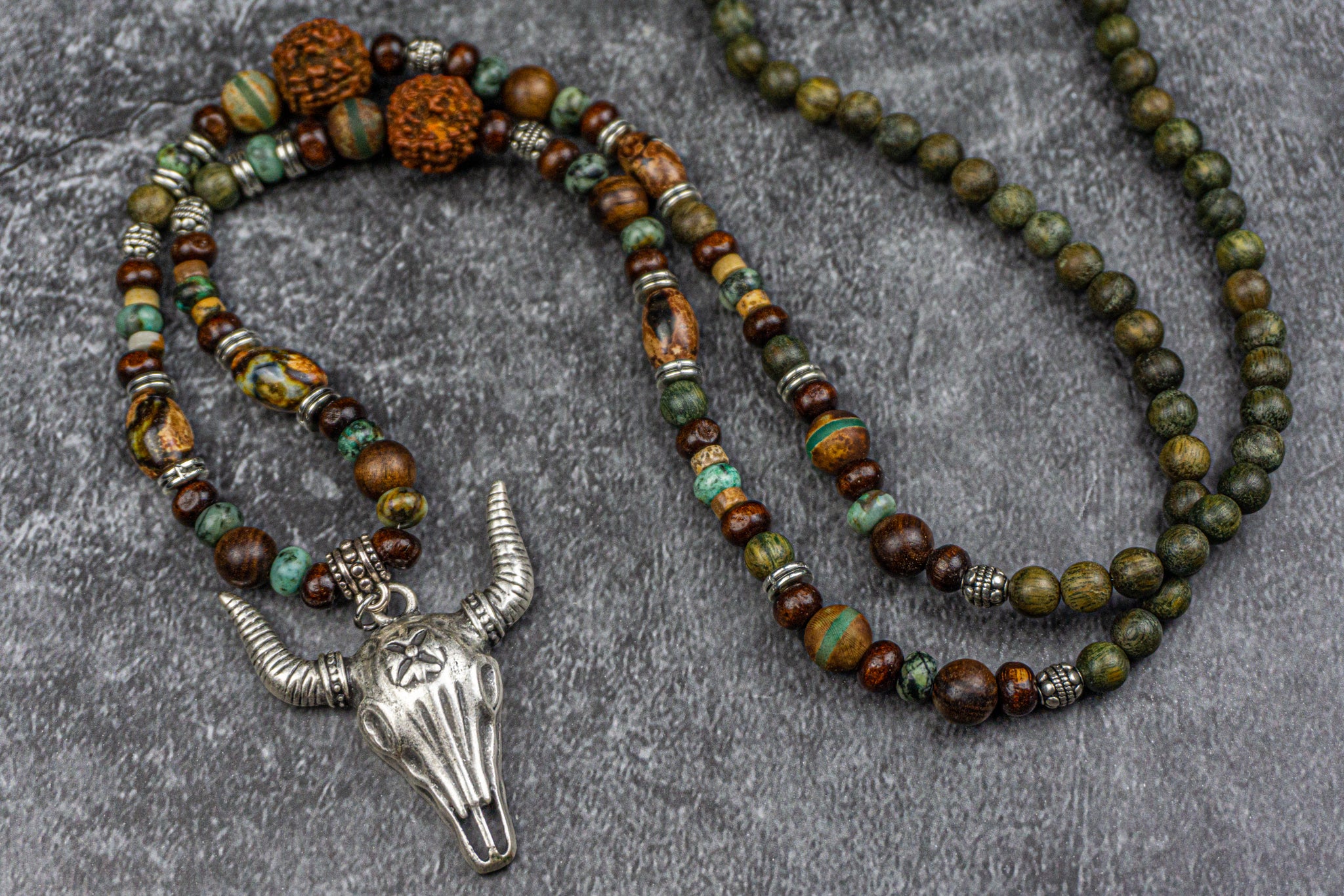 wood and gemstone beads necklace with a silver colored bull skull pendant- wander jewellery