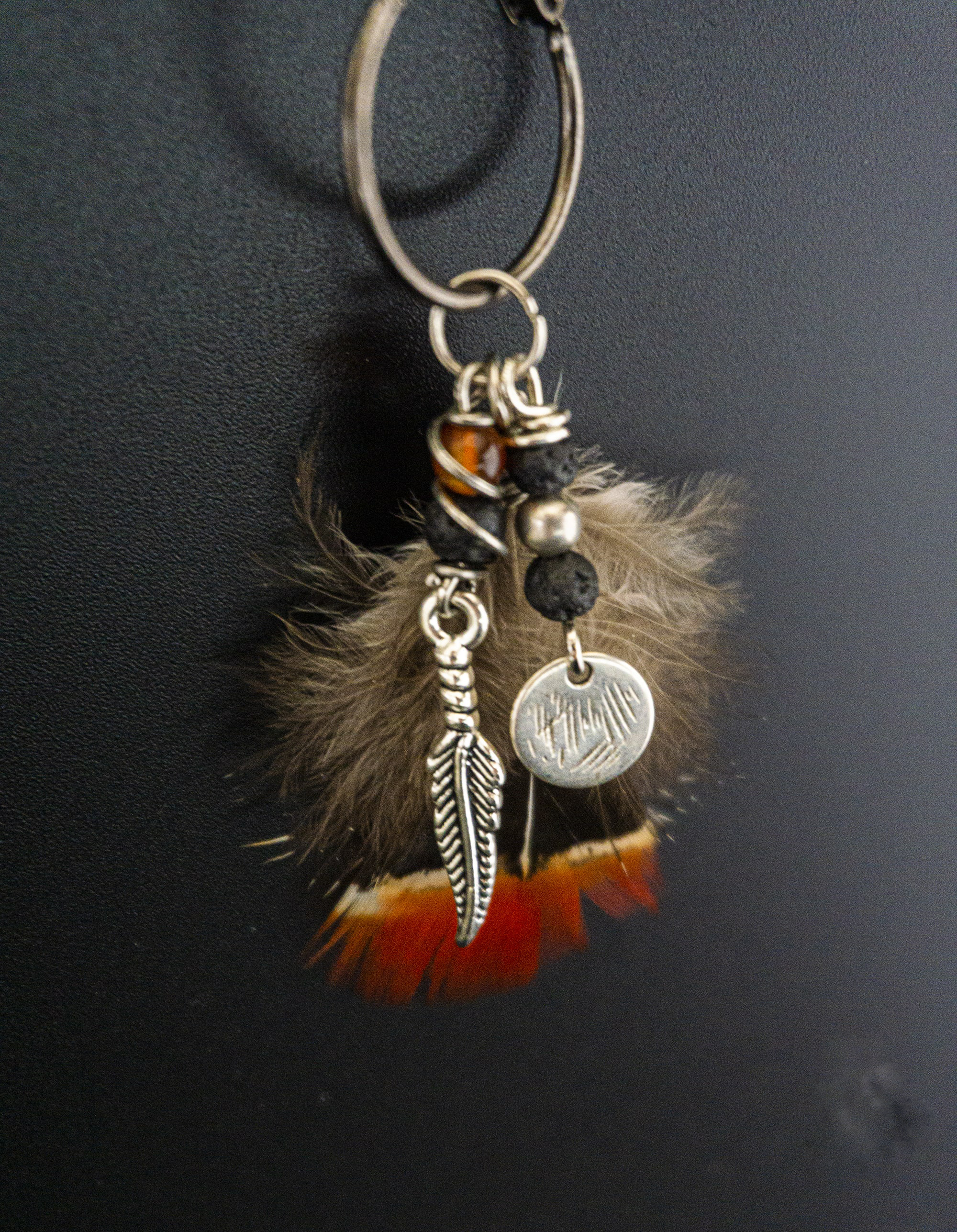hoop dangle earring with charms and natural feather- wander jewellery