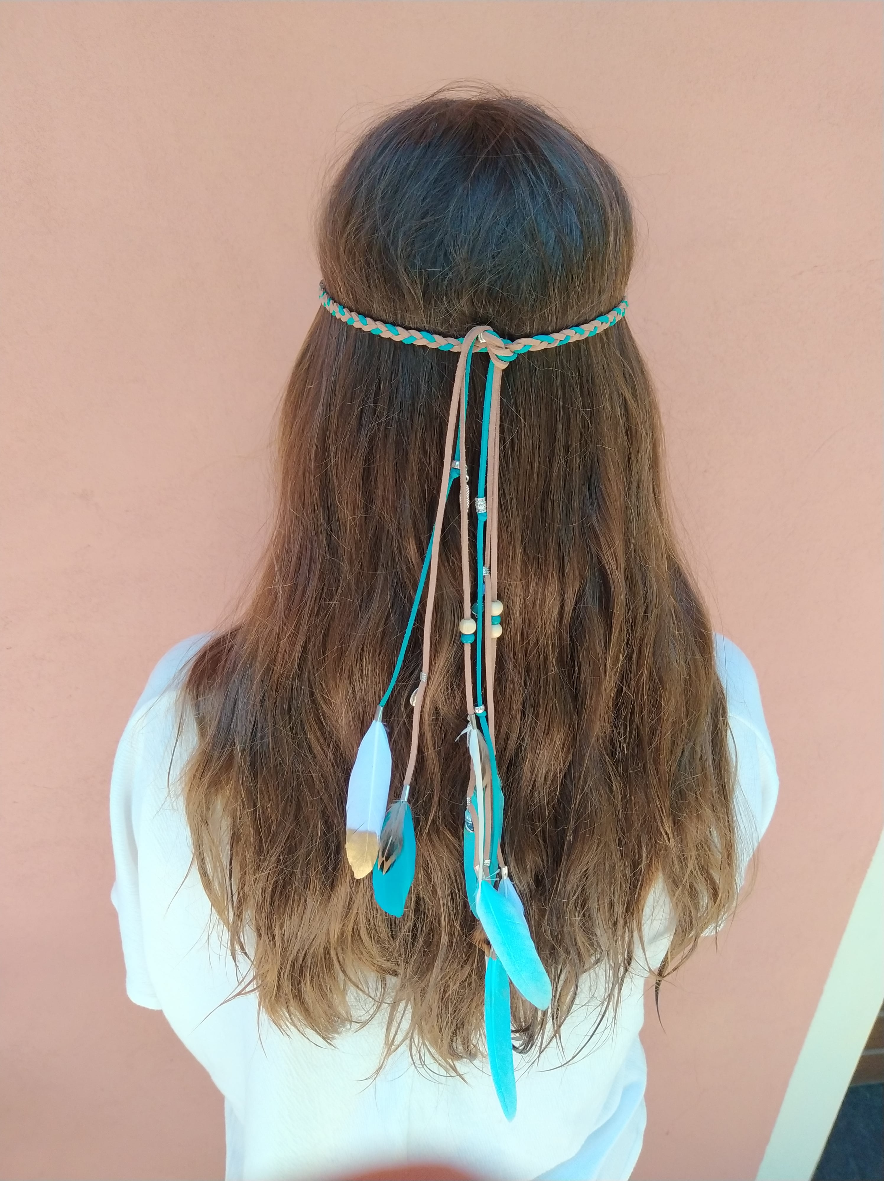womens boho hippie braided leather headband with natural feathers and charms- wander jewellery