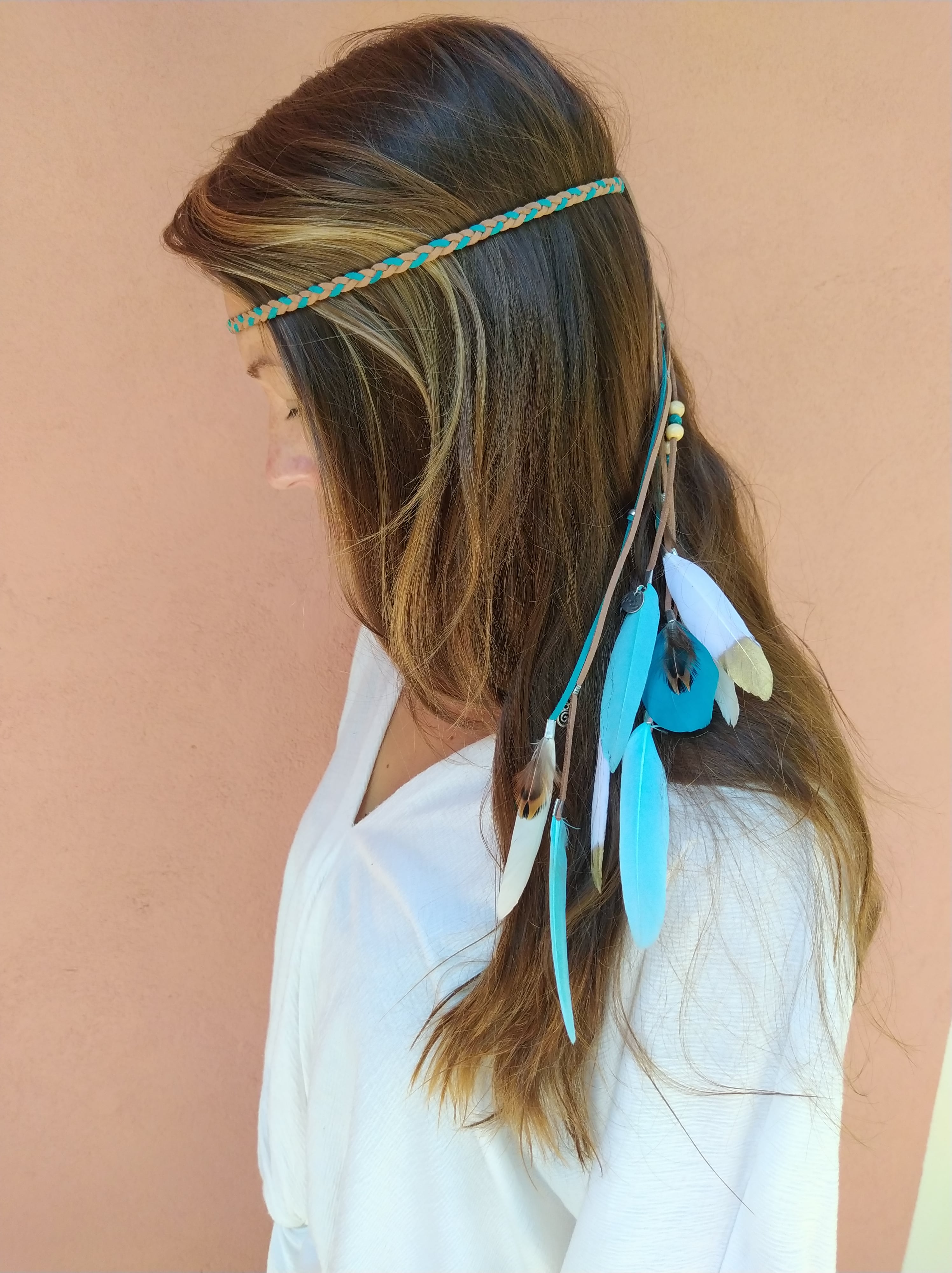 womens boho hippie braided leather headband with natural feathers - wander jewellery