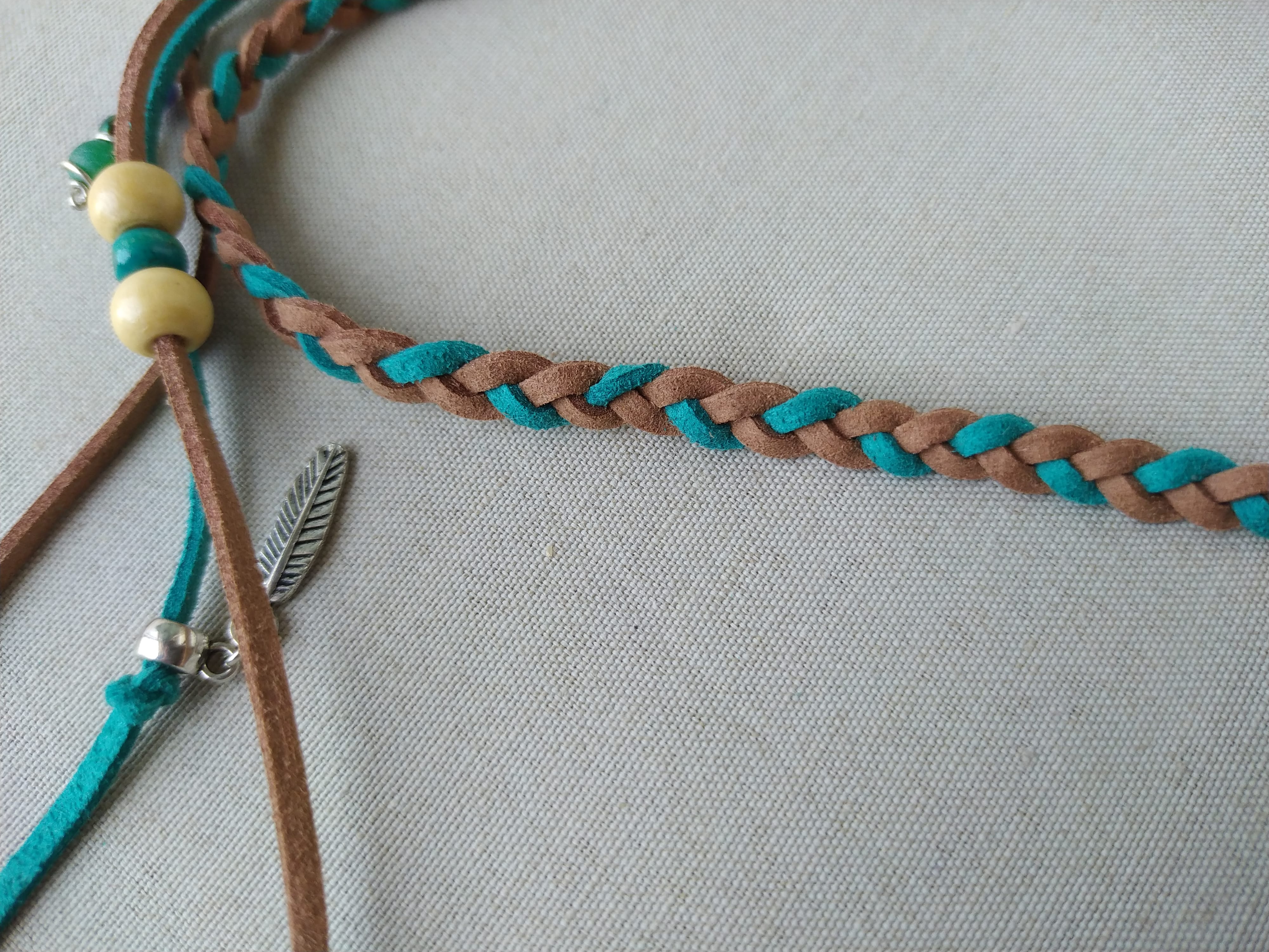 braided leather headband with natural feathers and charms- wander jewellery