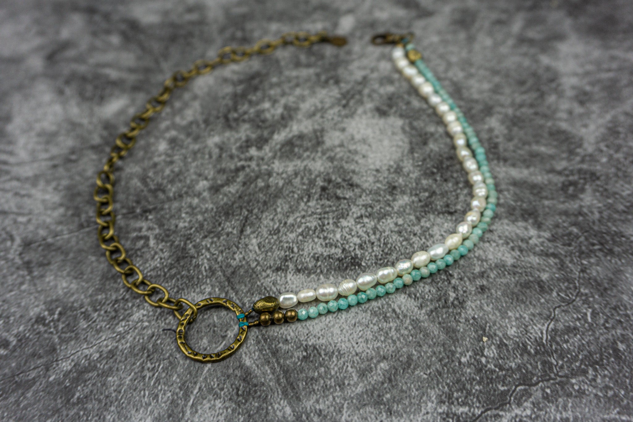 asymmetric half chain half pearl and amazonite gemstone choker - wander jewellery