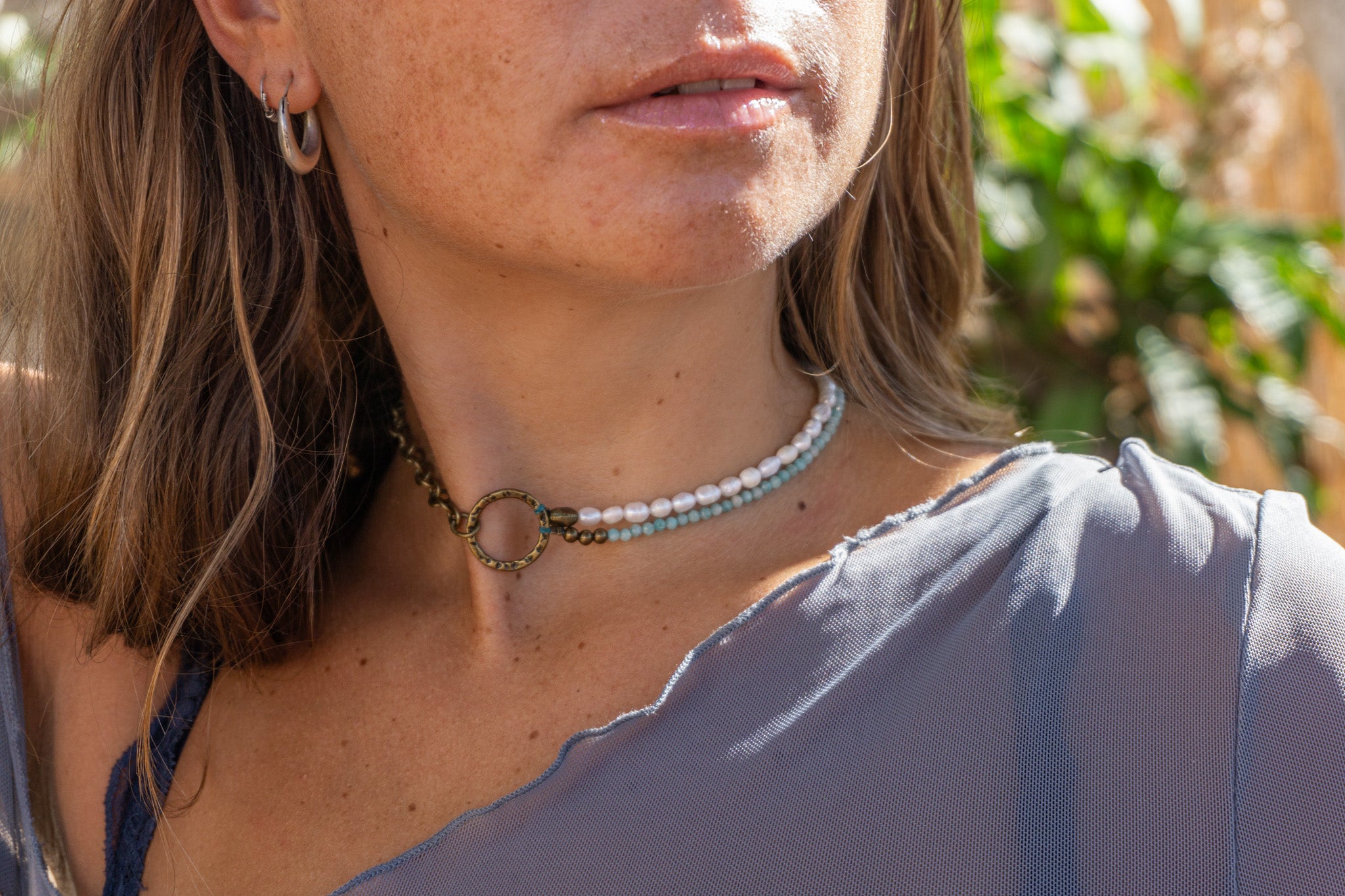 womens half chain half pearl and amazonite gemstone choker - wander jewellery