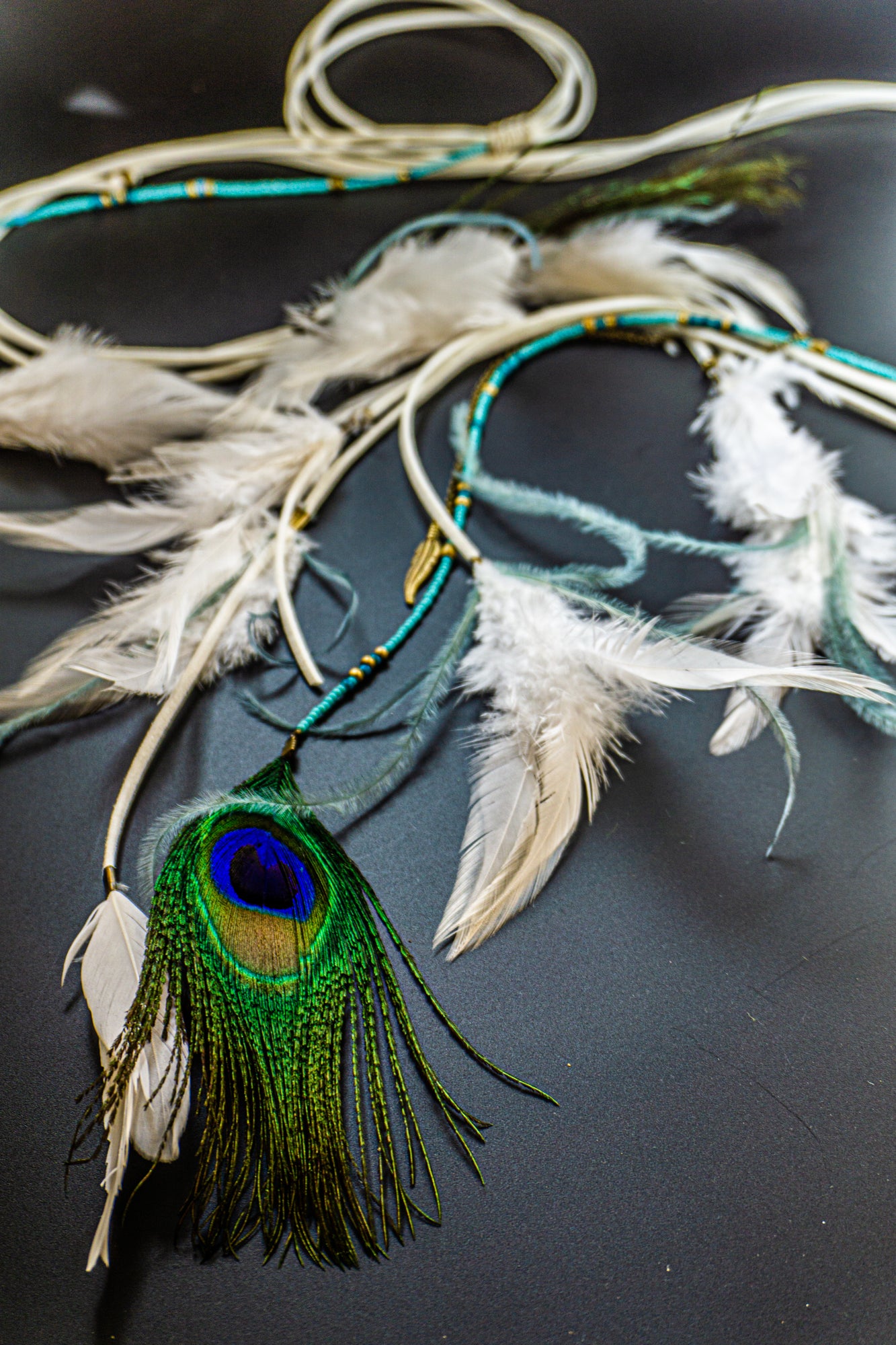 bohemian white braided headband with natural feathers and charms- wander jewellery