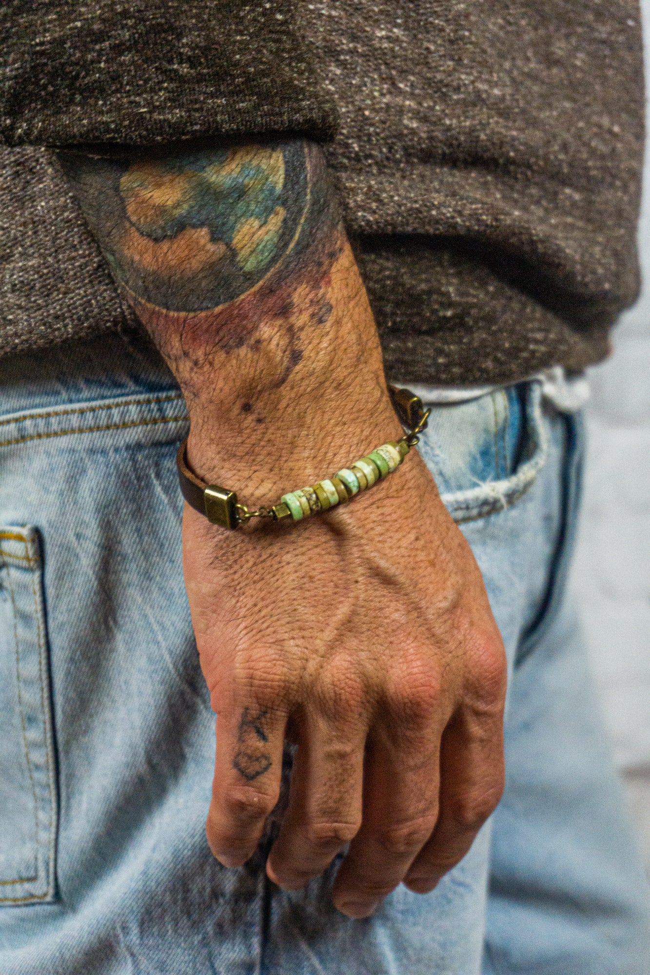 mens leather bracelet with green howlite gemstone beads- wander jewellery