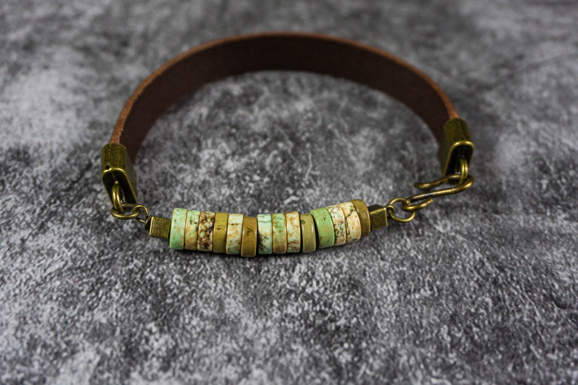 leather bracelet with green howlite gemstone beads- wander jewellery