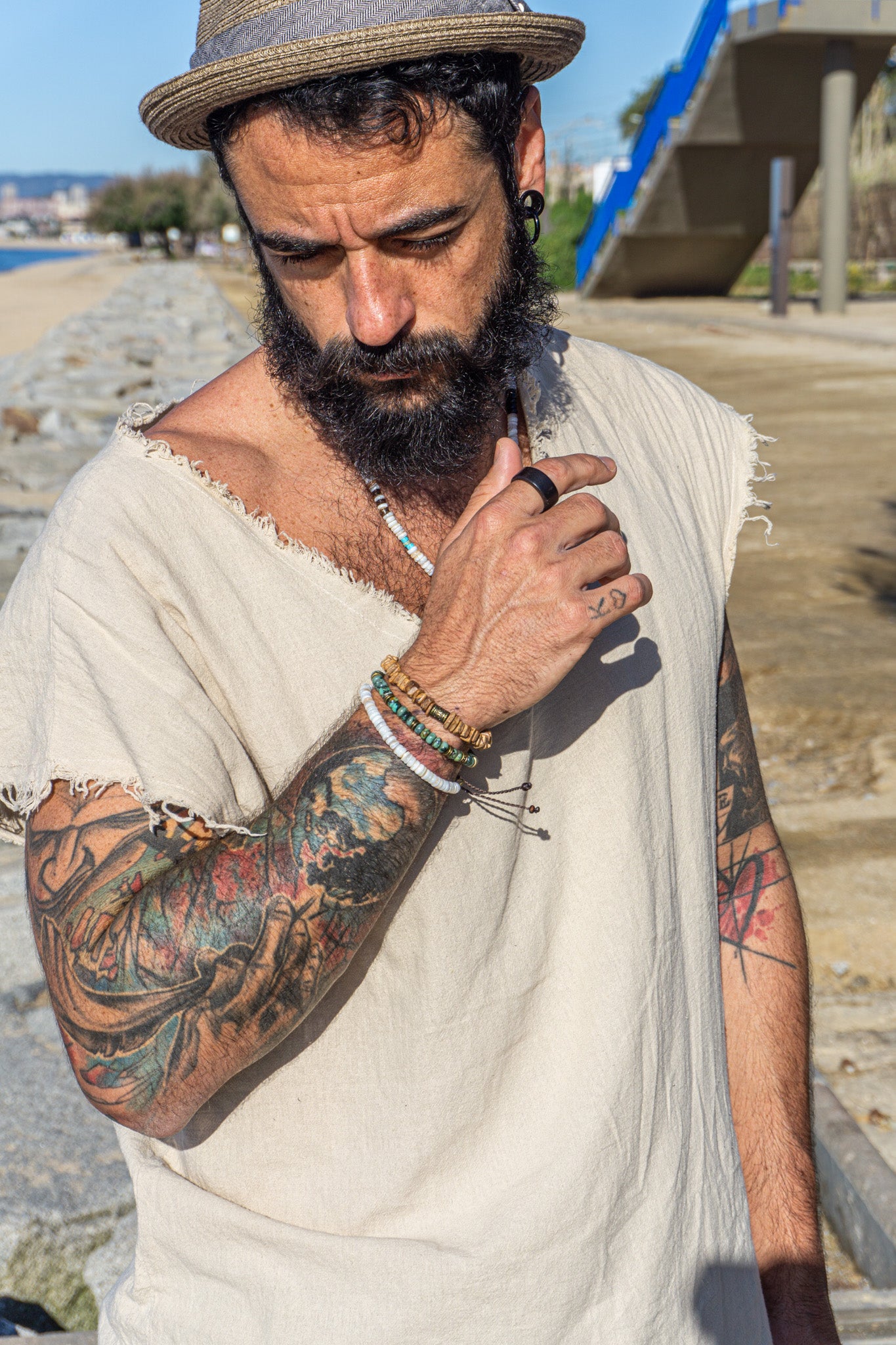 mens matching set composed by one green gemstone bracelet, one coconut shell bracelet and one white seashell bracelet- wander jewellery