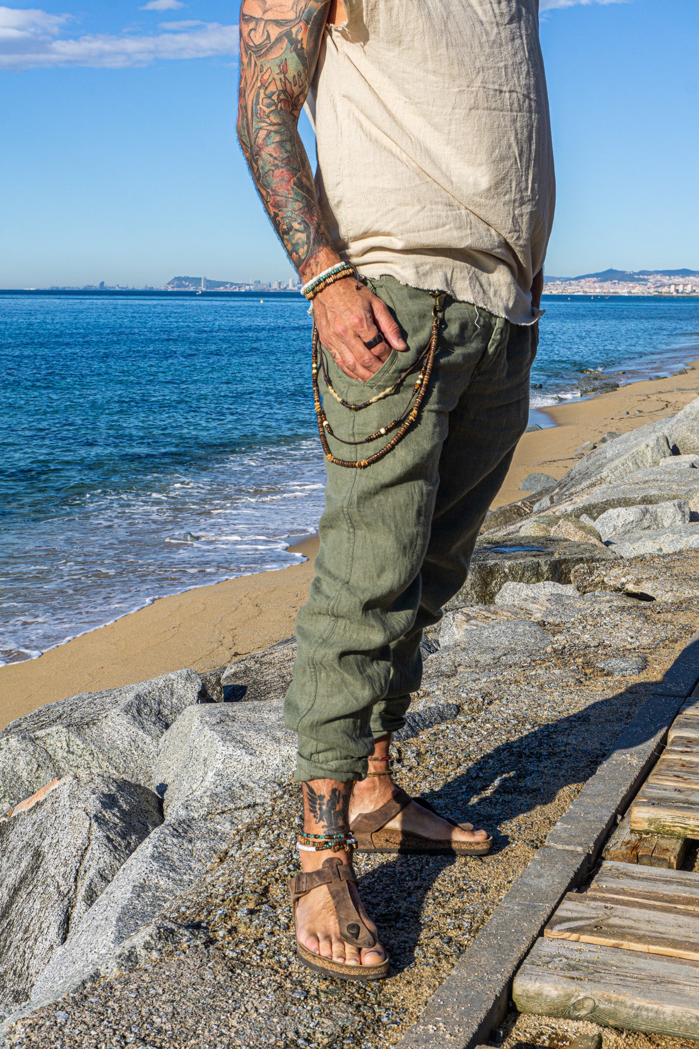 mens 3 layers macrame leather and wooden bead pants keychain- wander jewellery