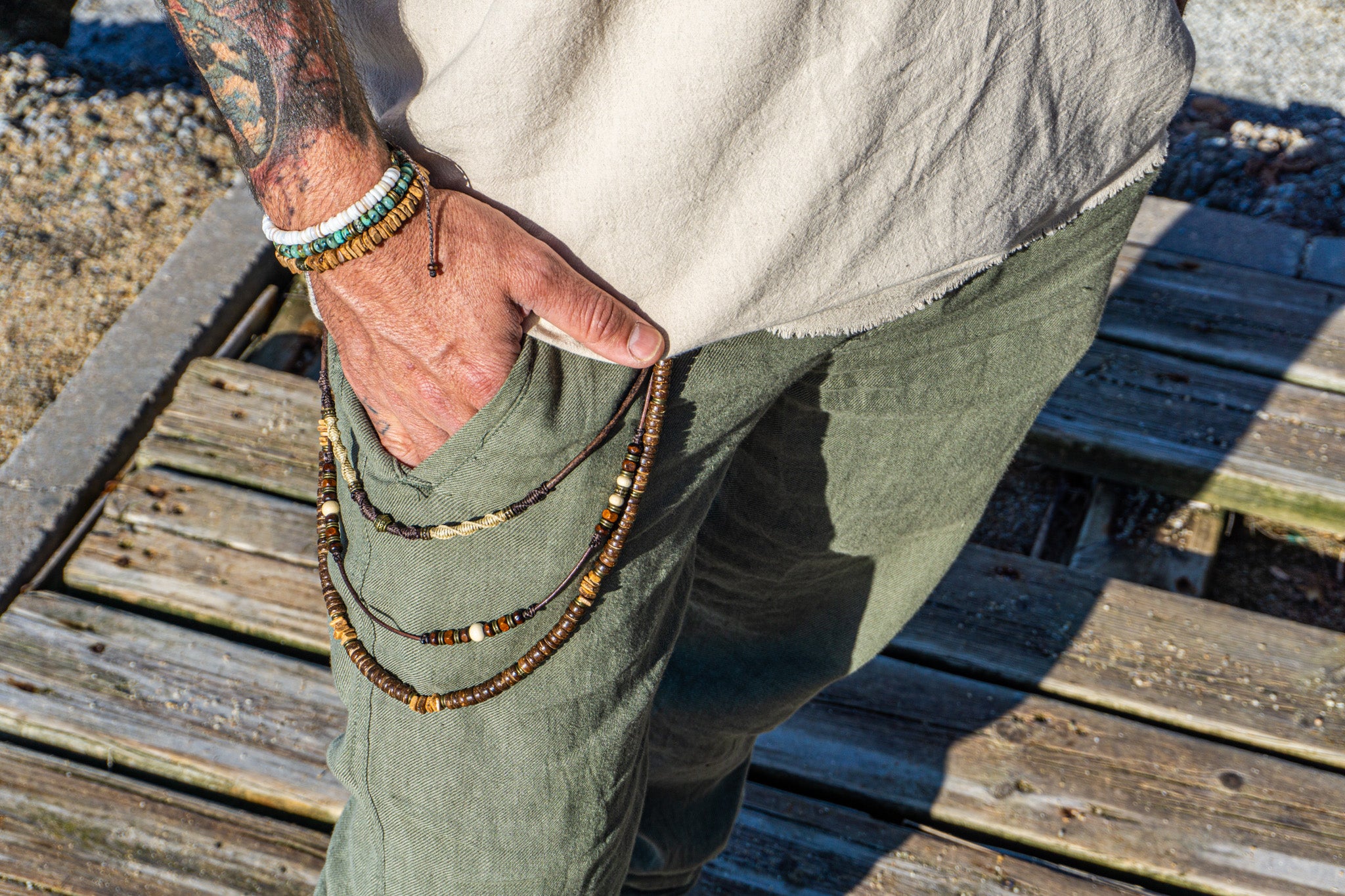 mens 3 layers macrame leather and wooden pants chain- wander jewellery