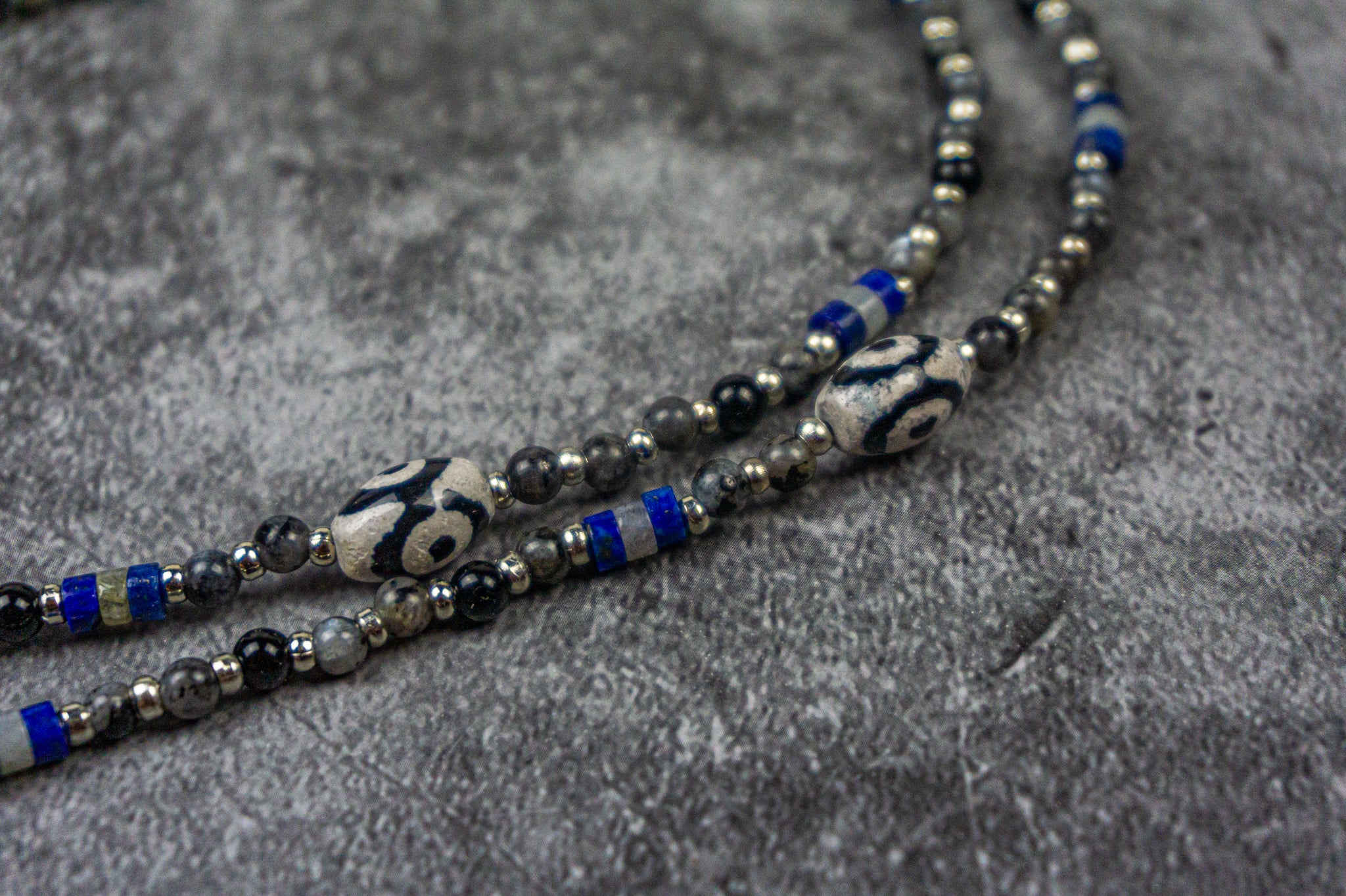 third eye agate beads in a boho necklace made of labrdorite, onyx and lapis lazuli gemstone, with stainless steel spacer beads-  wander jewellery