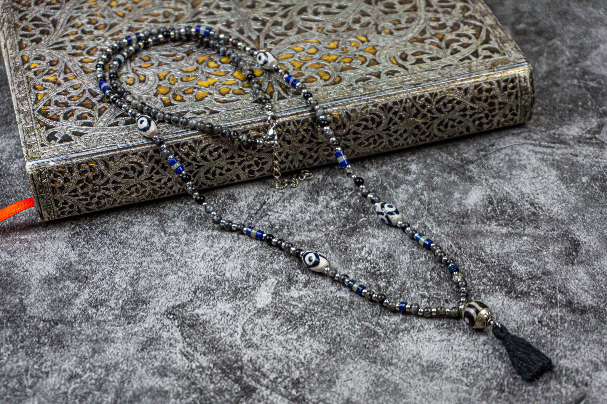 black onyx, labradorite, lapis lazuli and agate beaded tassel necklace- wander jewellery