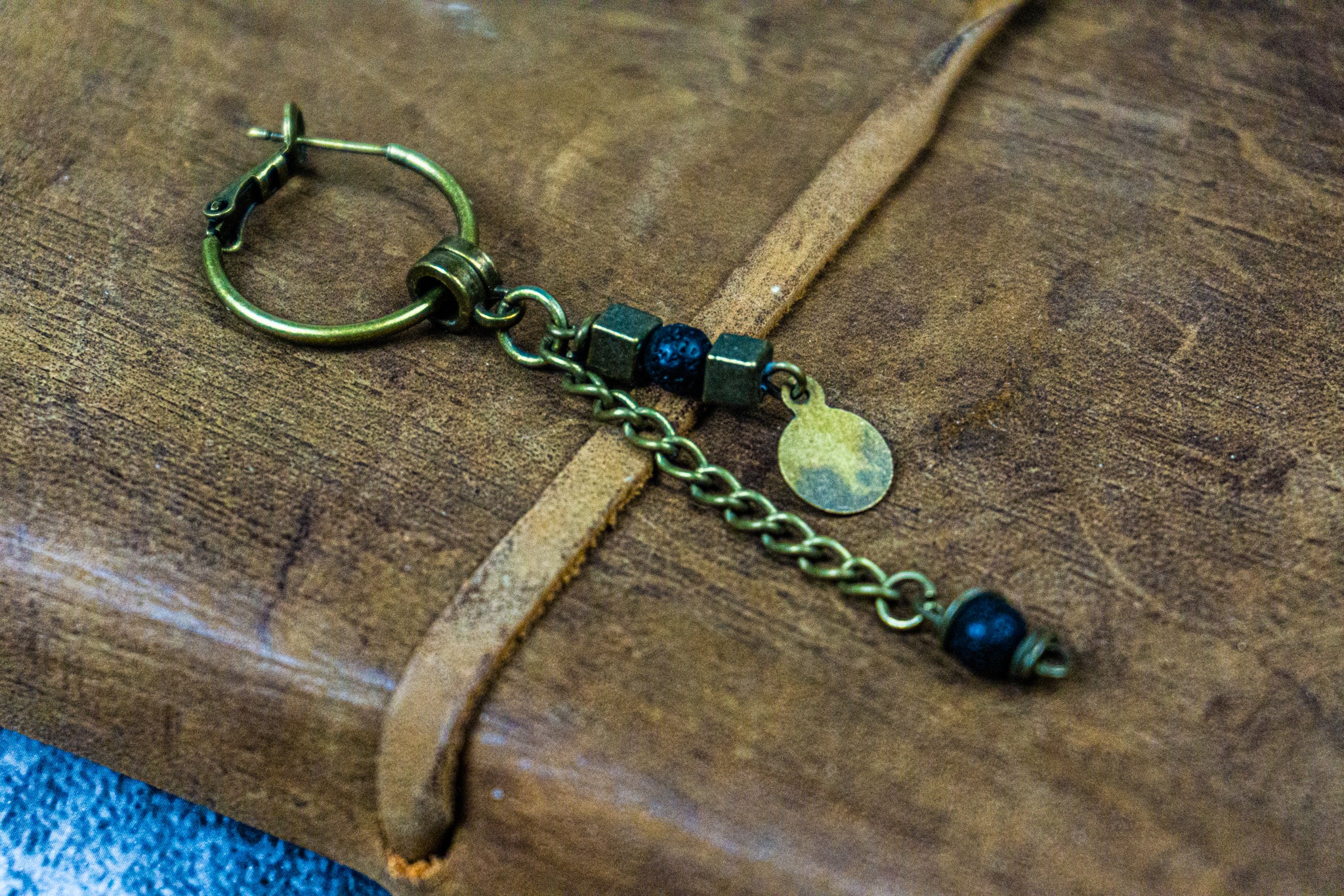 hoop earring with long dangle chain and lava stone beads - wander jewellery
