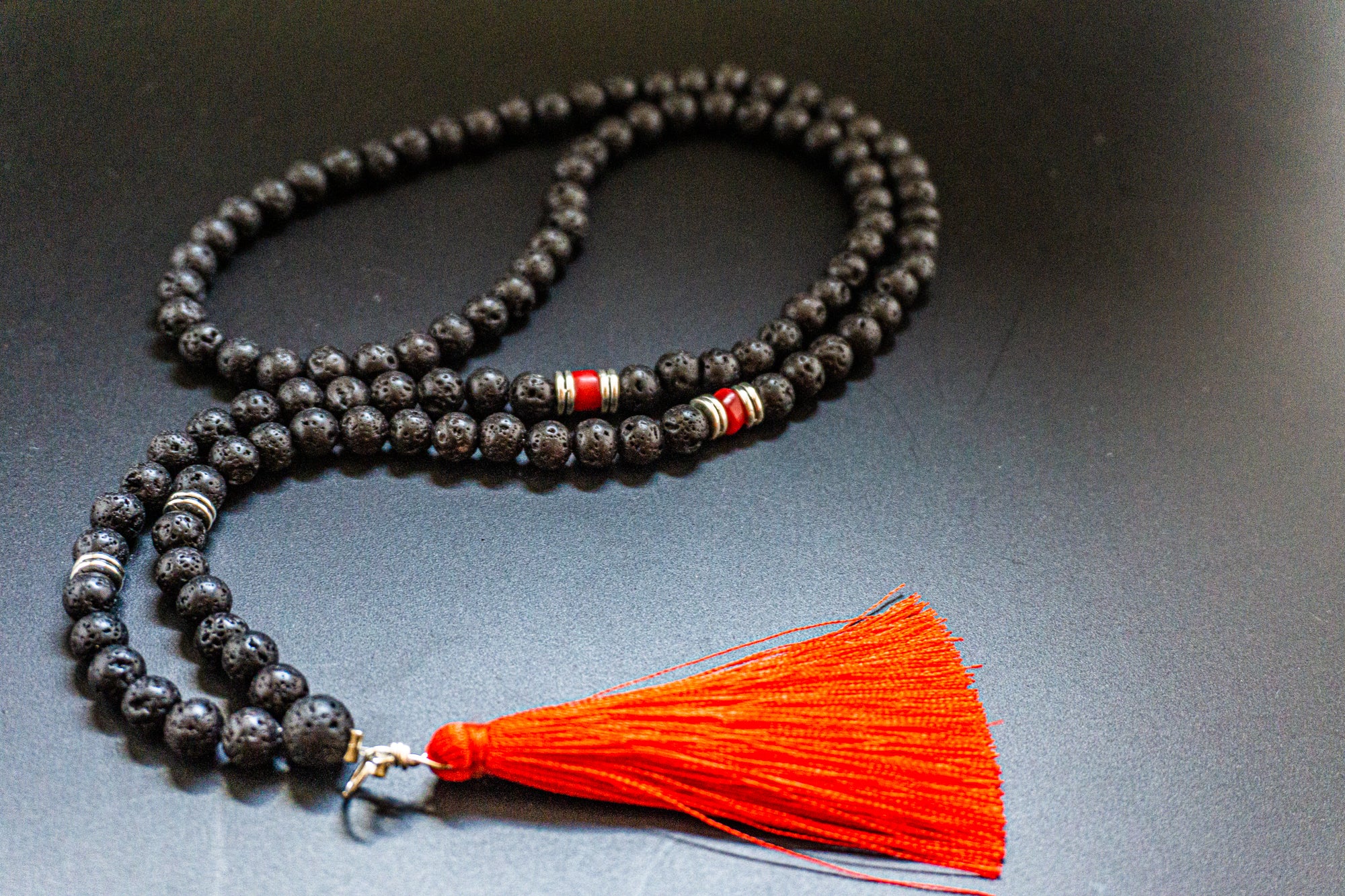 108 beads mala meditation necklace made of lava stone and red agate- wander jewellery