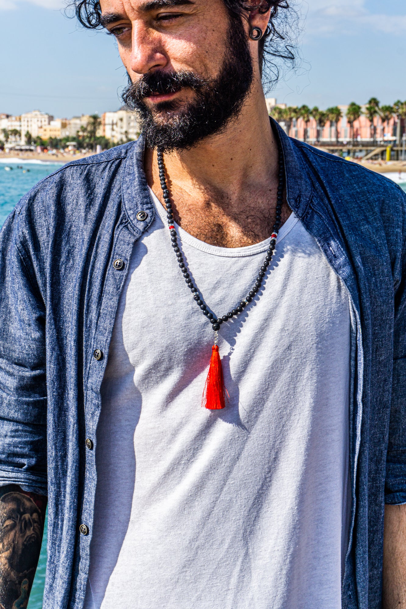 mala meditation necklace for men made of lava stone and red agate- wander jewellery