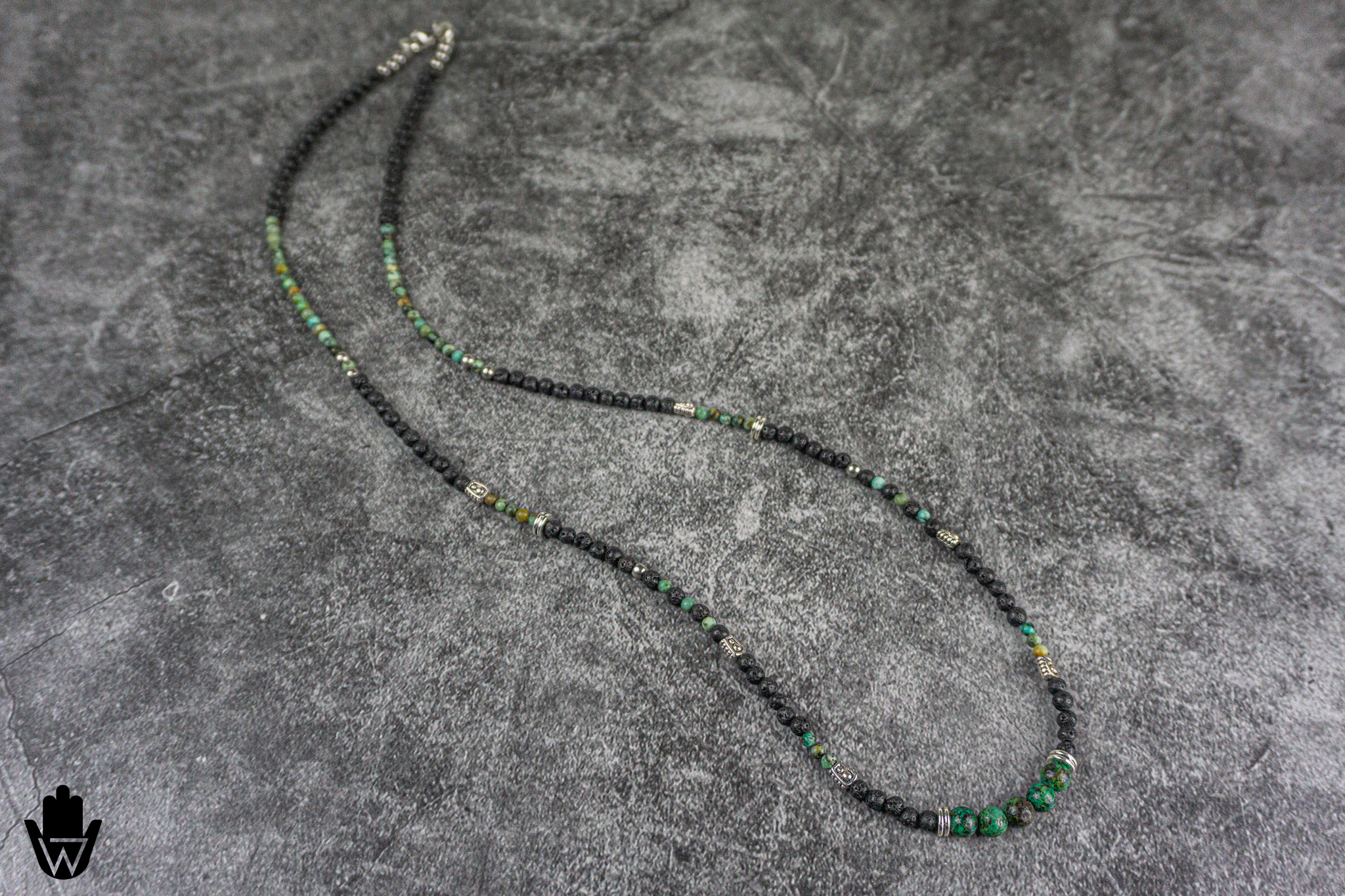 long black lava stone and green african turquoise gemstone beaded necklace with silver details- wander jewellery