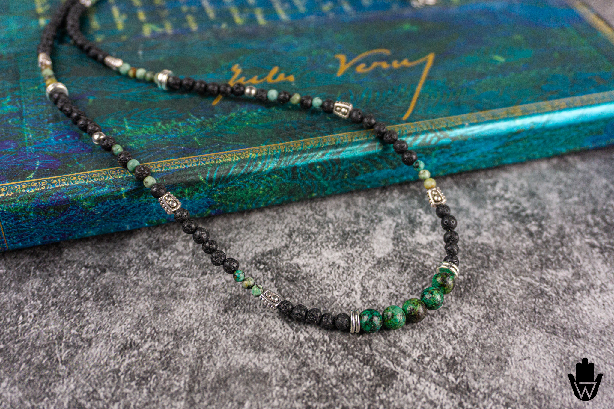 long black lava stone and green african turquoise gemstone beaded necklace with silver colored details- wander jewellery