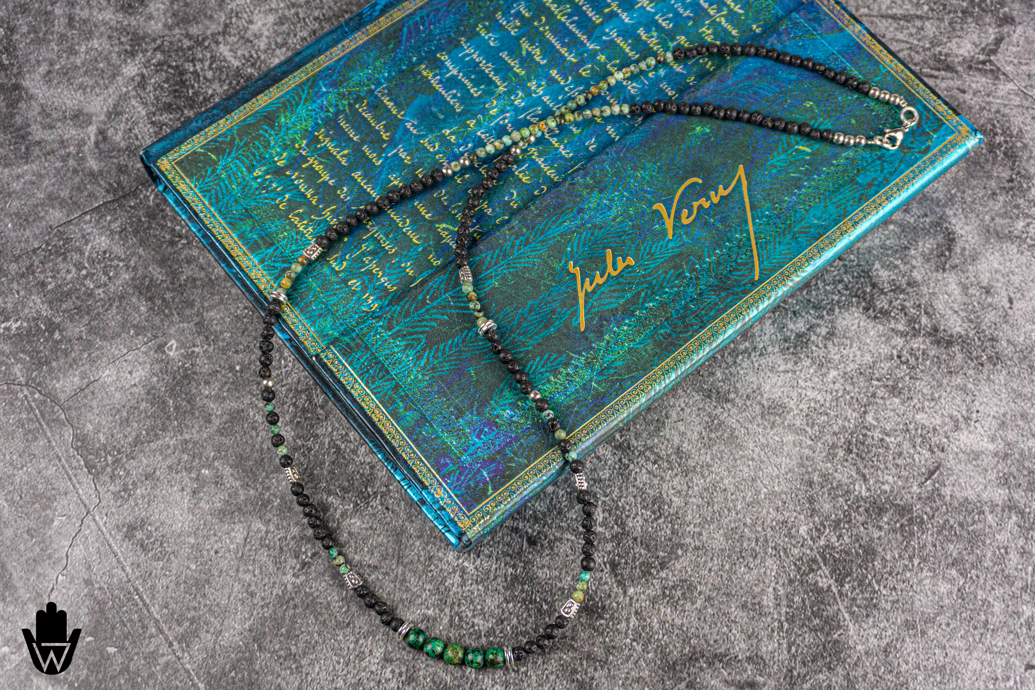 long black lava and green african turquoise gemstone beaded necklace with silver colored details- wander jewellery