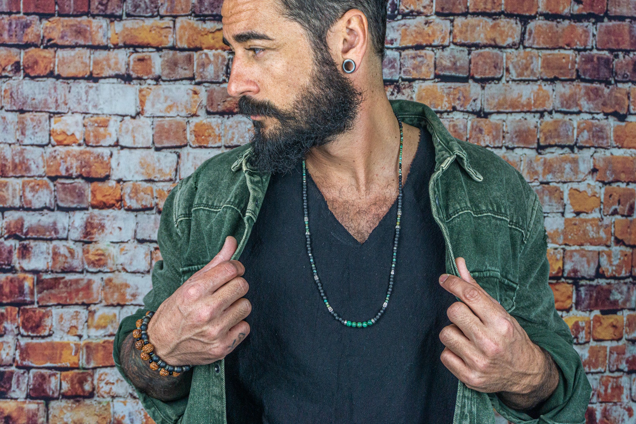 mens long black lava stone and green african turquoise gemstone beaded necklace with silver details- wander jewellery