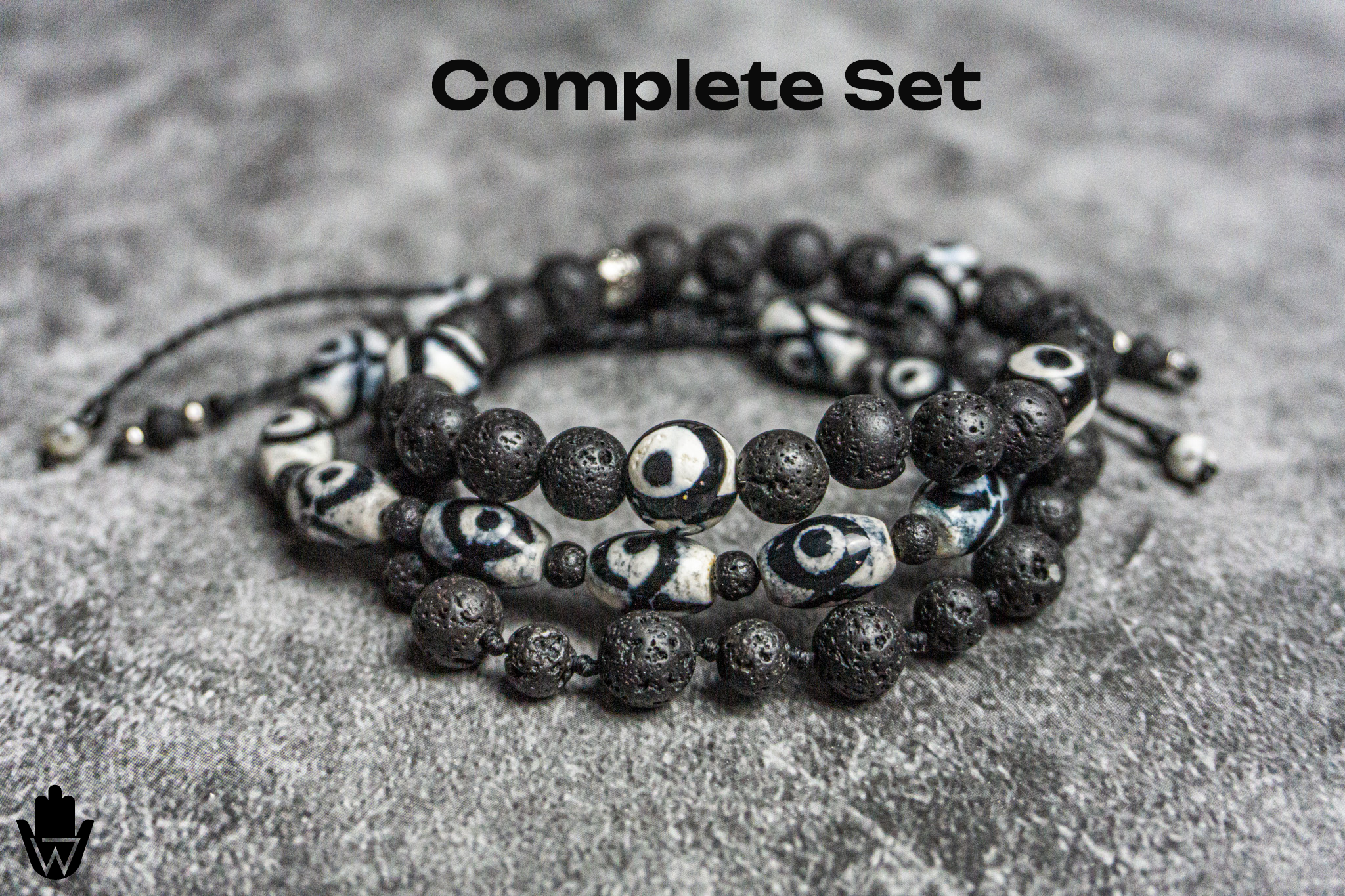 black beaded lava stone bracelet set with  tibetan agate - wander jewellery