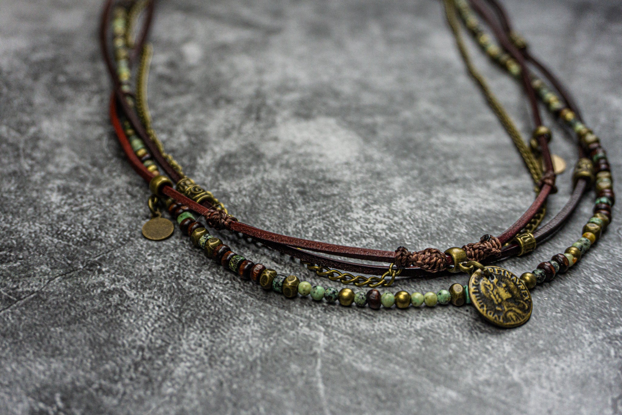  gemstone, wood, leather and chain charm necklace - wander jewellery