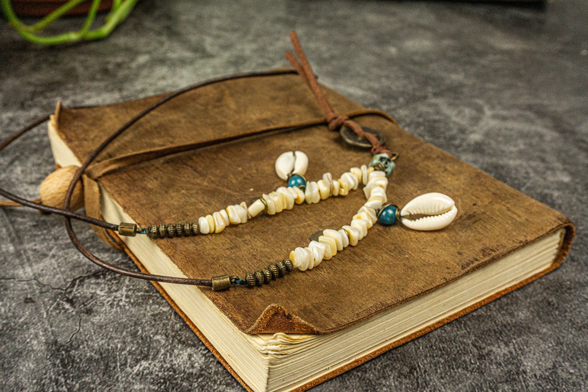 long leather necklace white coral , with coin and shell charms-wander jewellery
