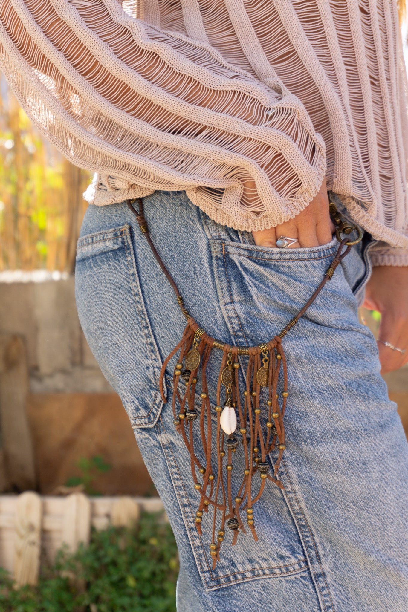 Boho Hippy Leather Fringes Pants Chain