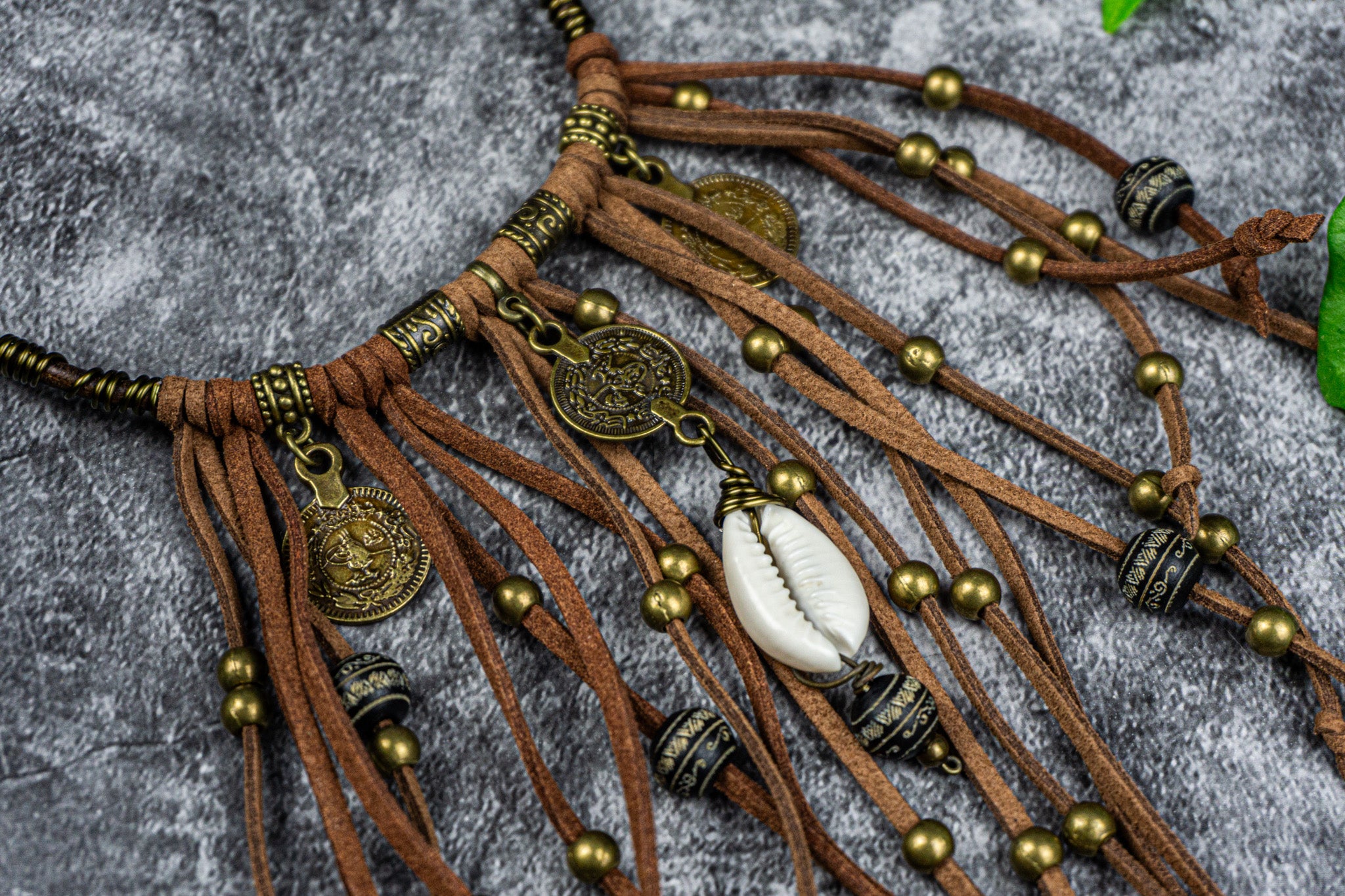 leather  pants chain with bronze dangle beads and coins with a cowrie shell- wander jewellery