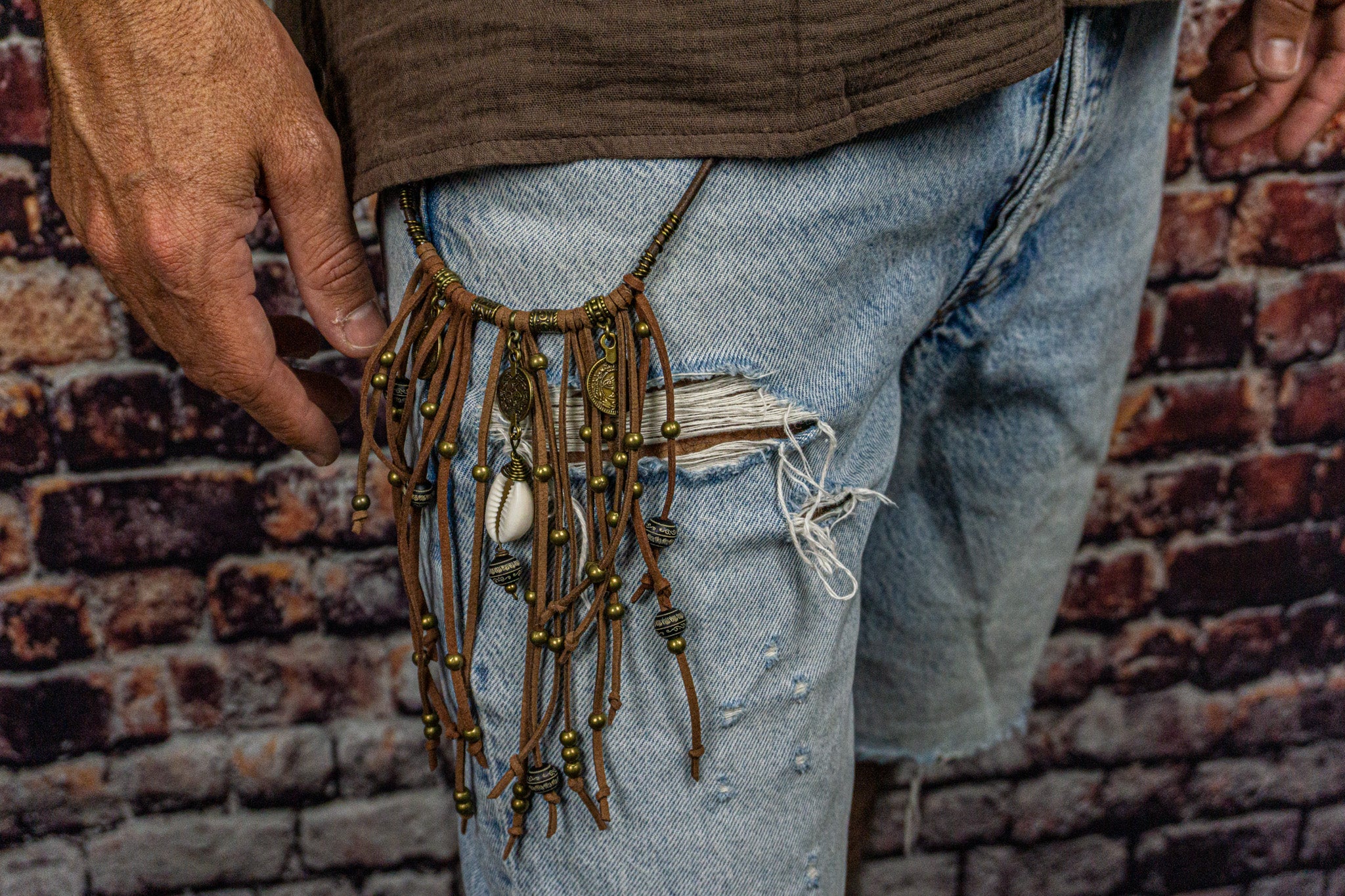 mens leather fringes keyhain with bronze dangle beads - wander jewellery