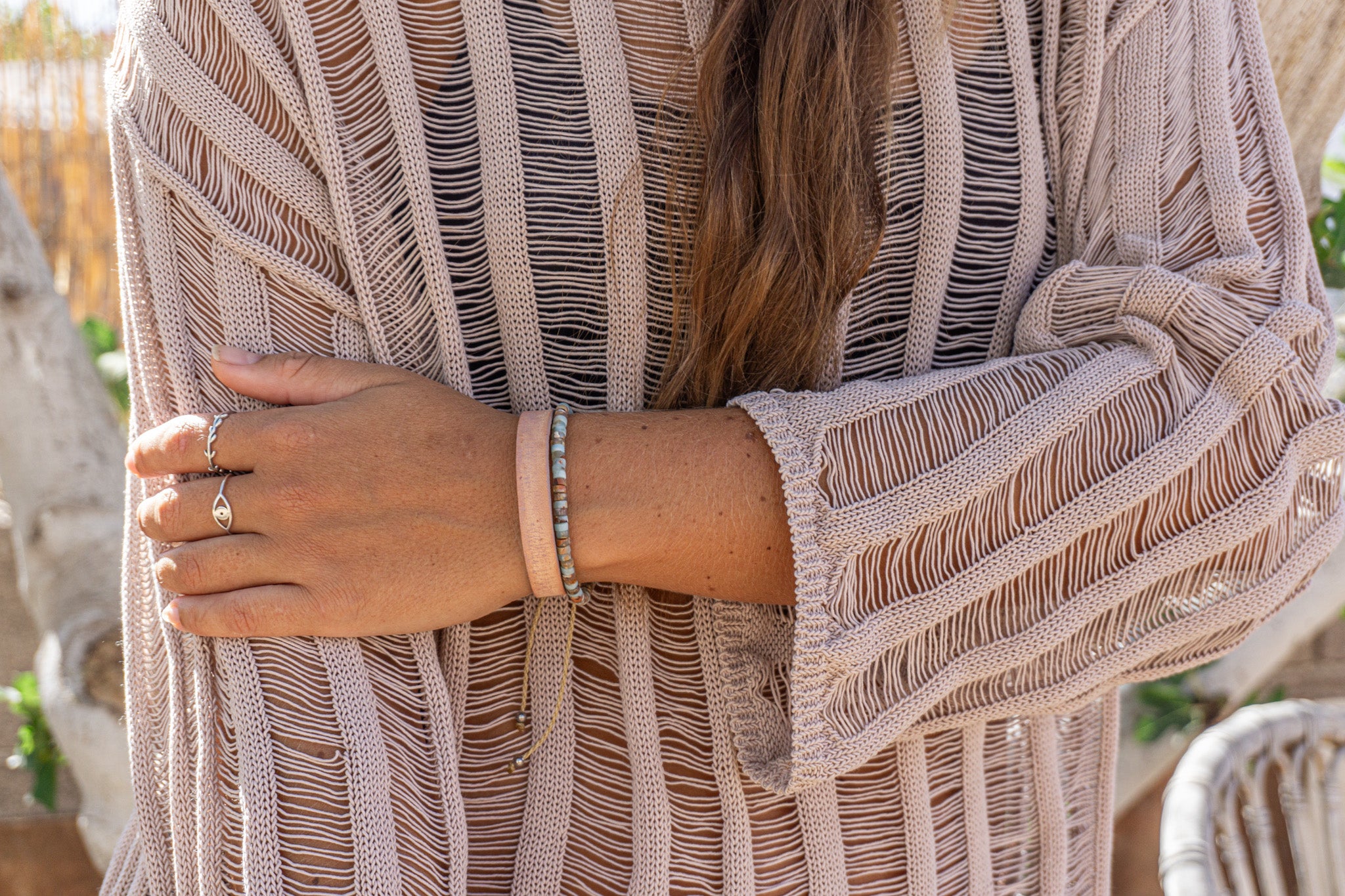 womens  bracelet set made of  light brown leather bracelet with stainless steel closure and an adjustable aqua terra jasper beaded bracelet- wander jewellery