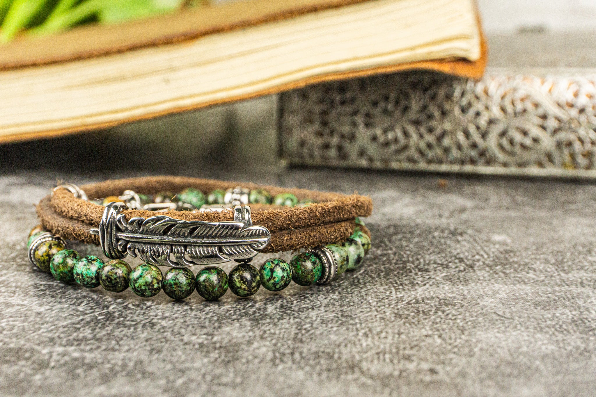 leather wrap bracelet with silver feather and green african turquoise bead matching bracelet set of 2- wander jewellery