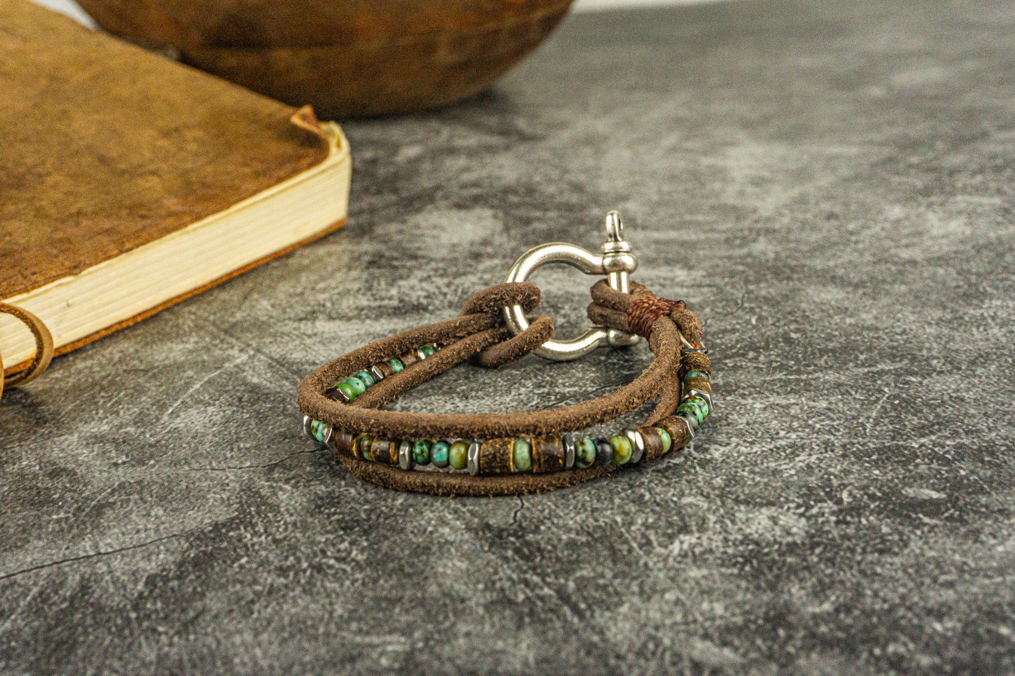 boho elegant leather and jasper stacking bracelet set with stainless steel closure- wander jewellery