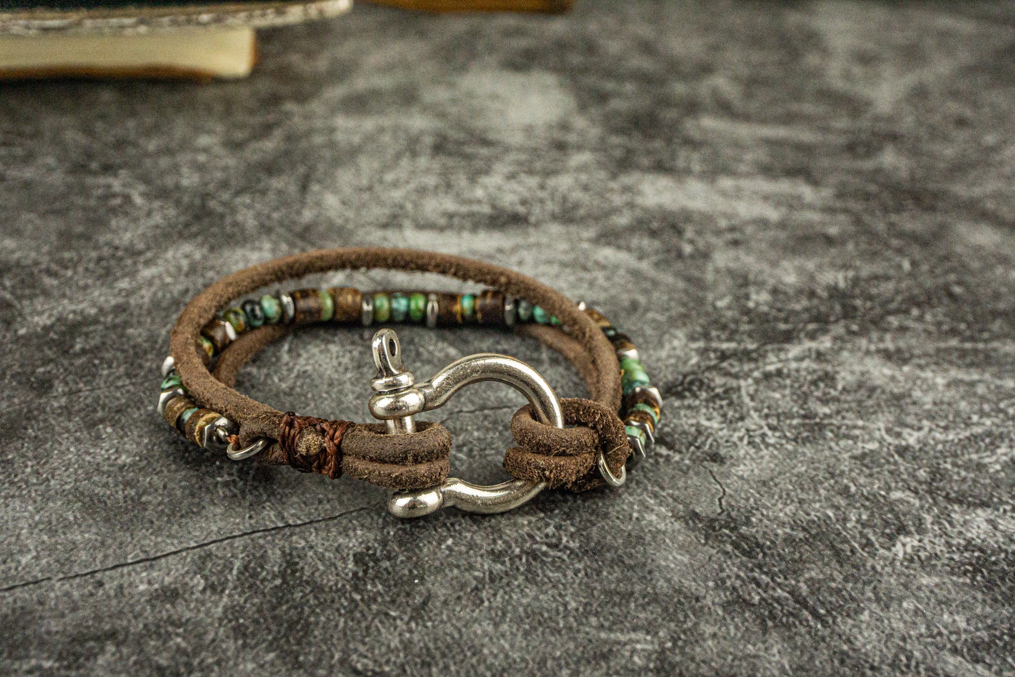 leather and african turquoise jasper gemstone layering bracelet with an aesthetic stainless steel D-Ring Anchor Shackle Clasp- wander jewellery
