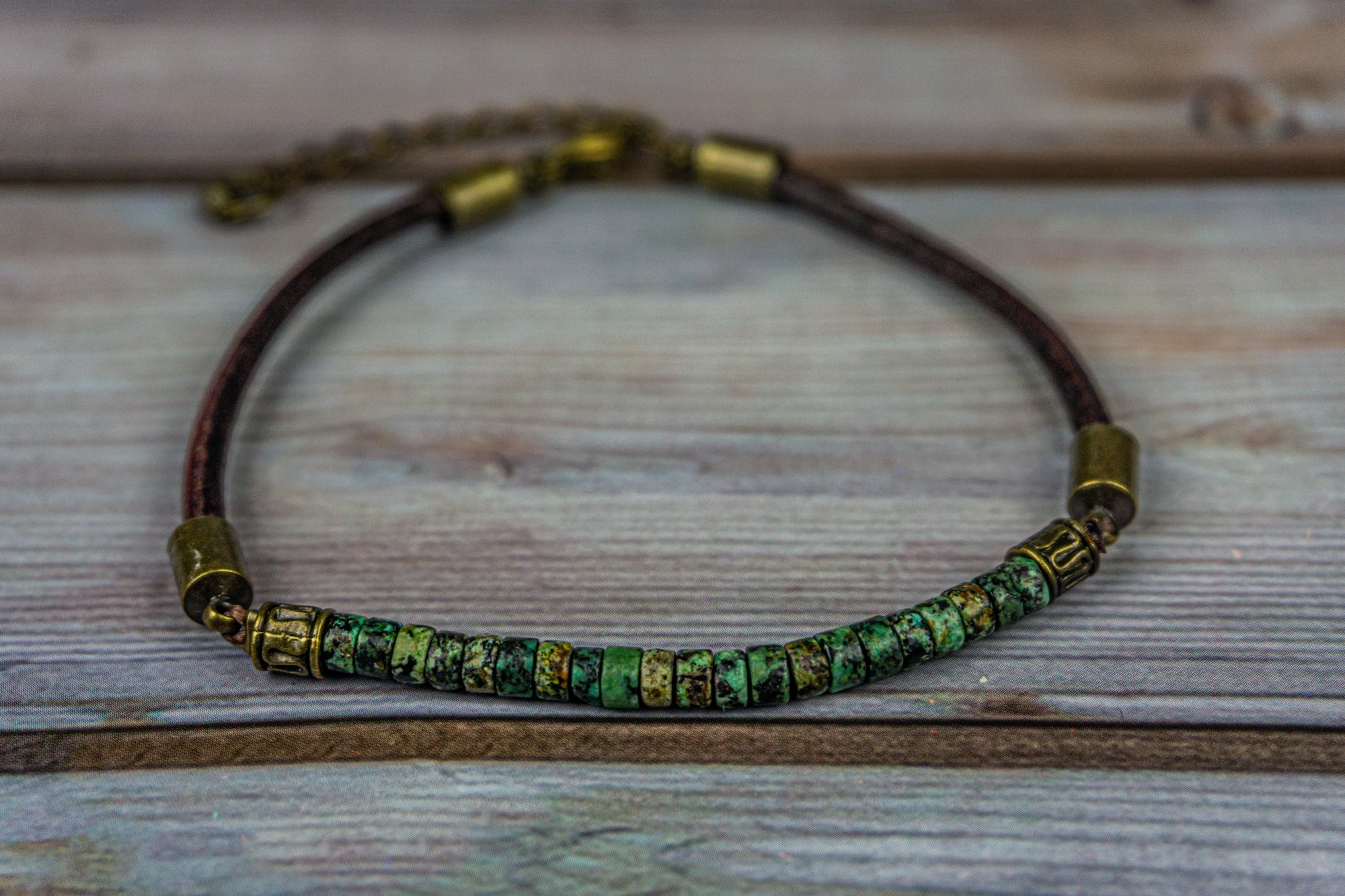 leather and green african turquoise jasper gemstone bead bracelet- wander-jewellery