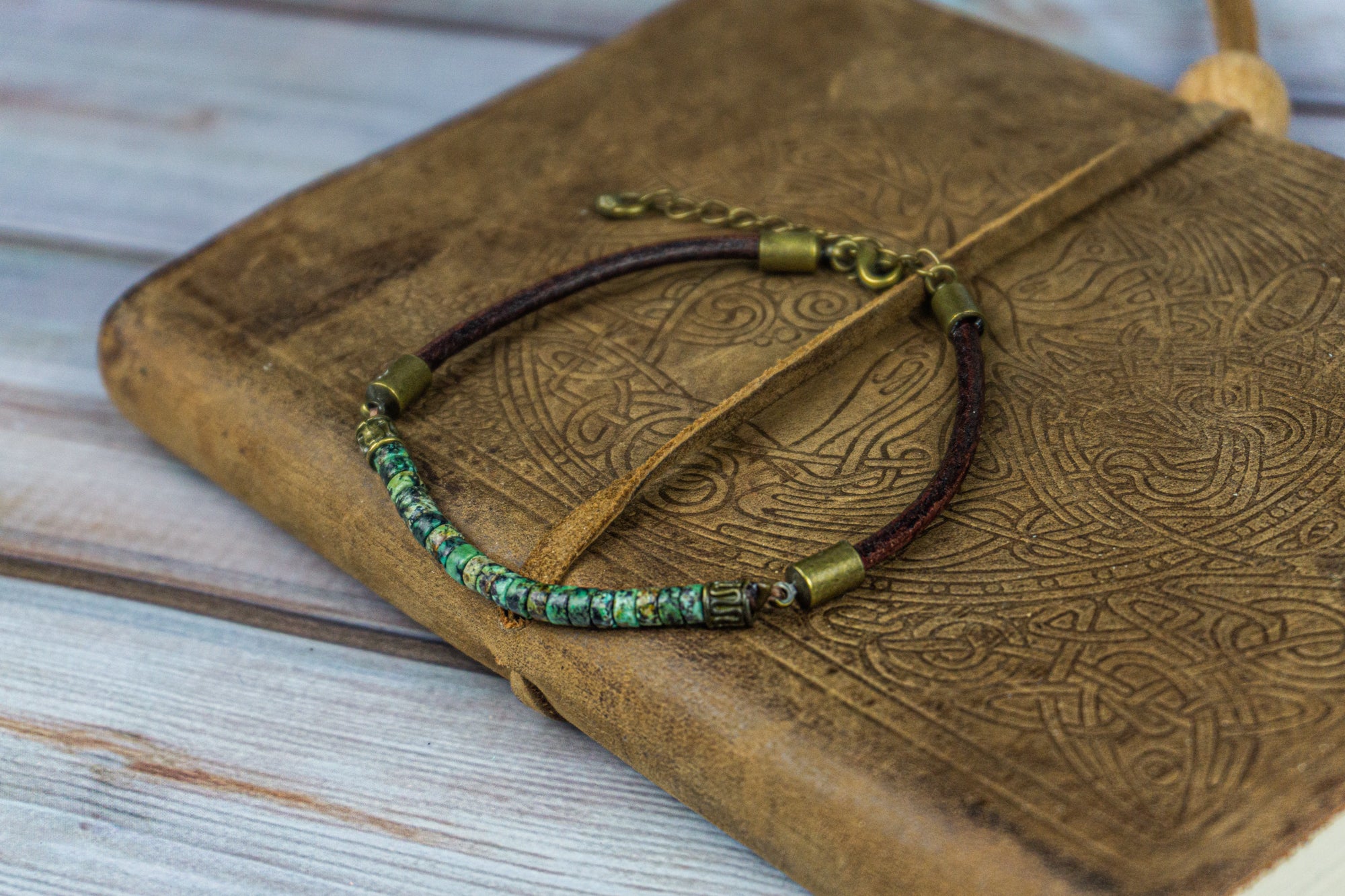 mens brown leather and green african turquoise jasper gemstone bracelet- wander-jewellery
