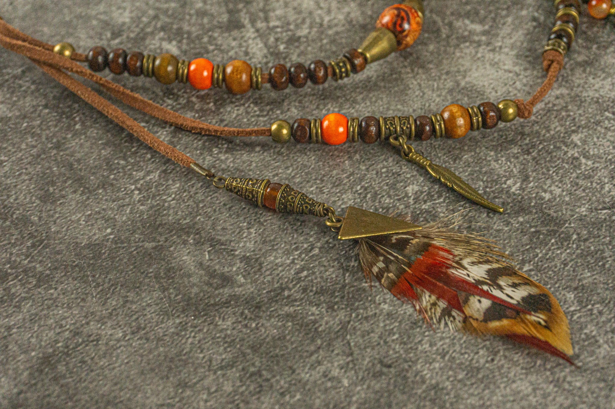 leather wood layered pants keychain with feathers and bronze dangle charms- wander jewellery