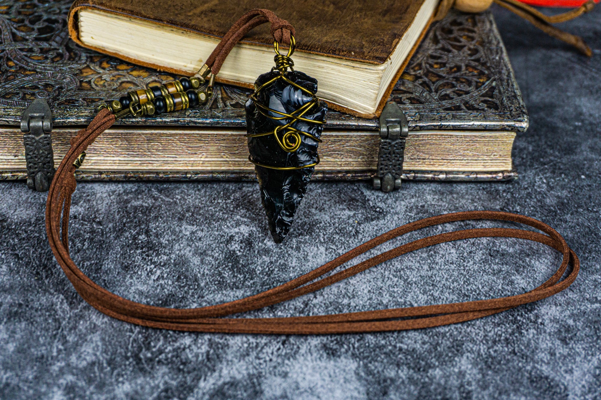 leather necklace with black obsidian crystal pendant- wander jewellery
