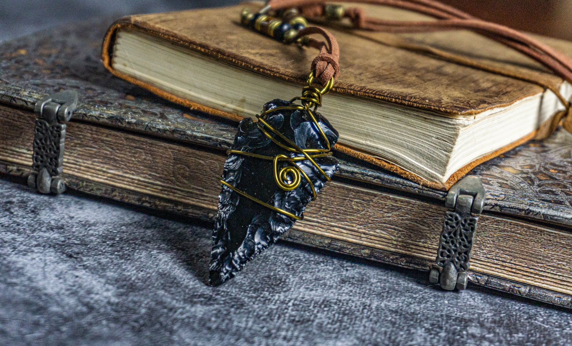 leather necklace with obsidian pendant- wander jewellery