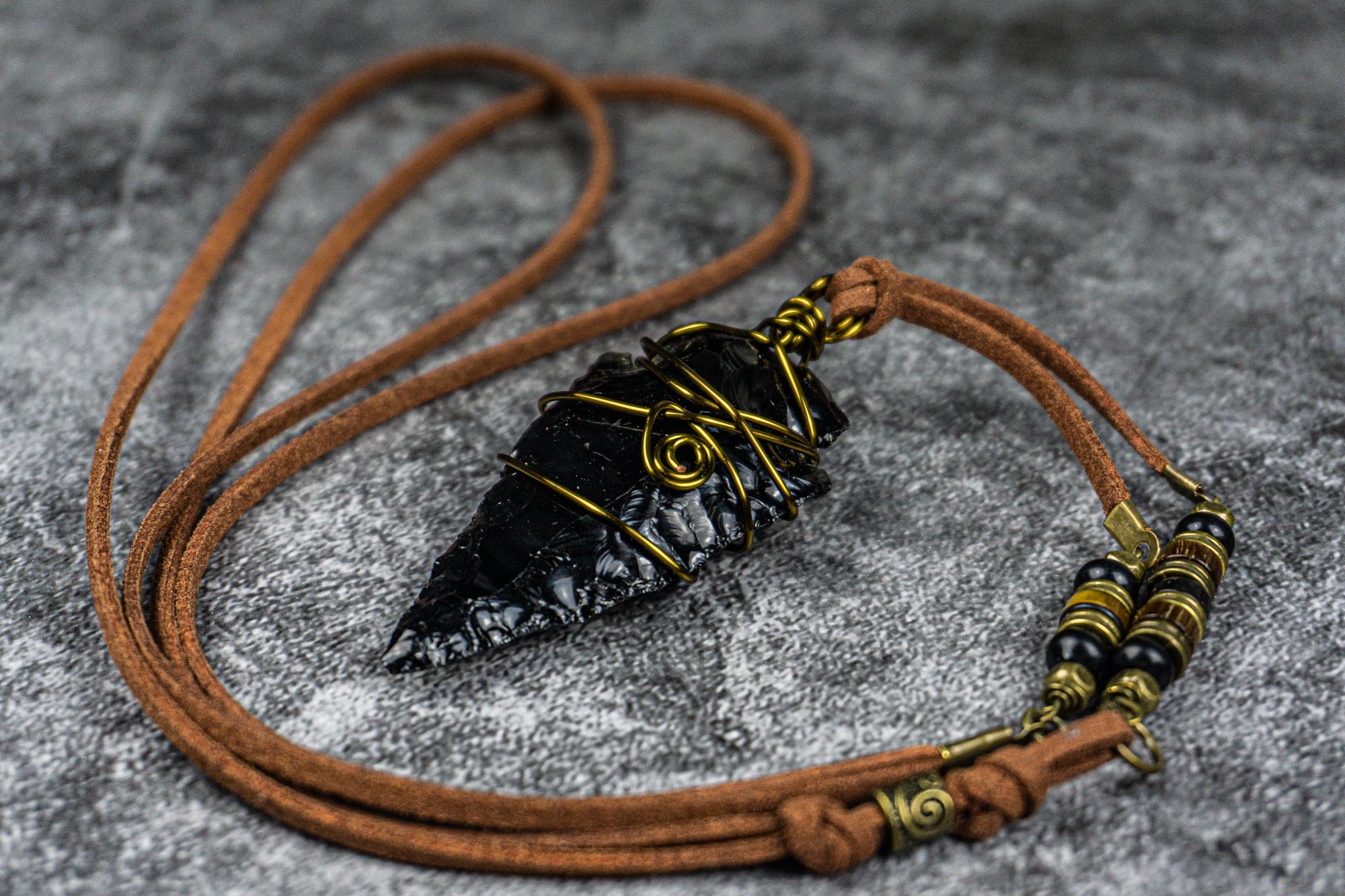 faux leather necklace with black obsidian crystal pendant- wander jewellery