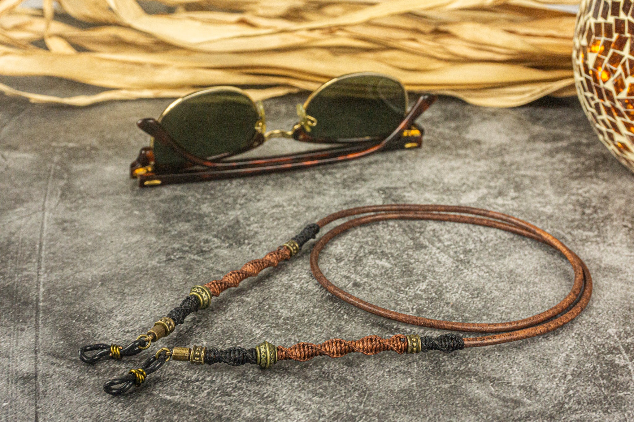 leather strap sunglasses holder with macrame decorations- wander jewellery