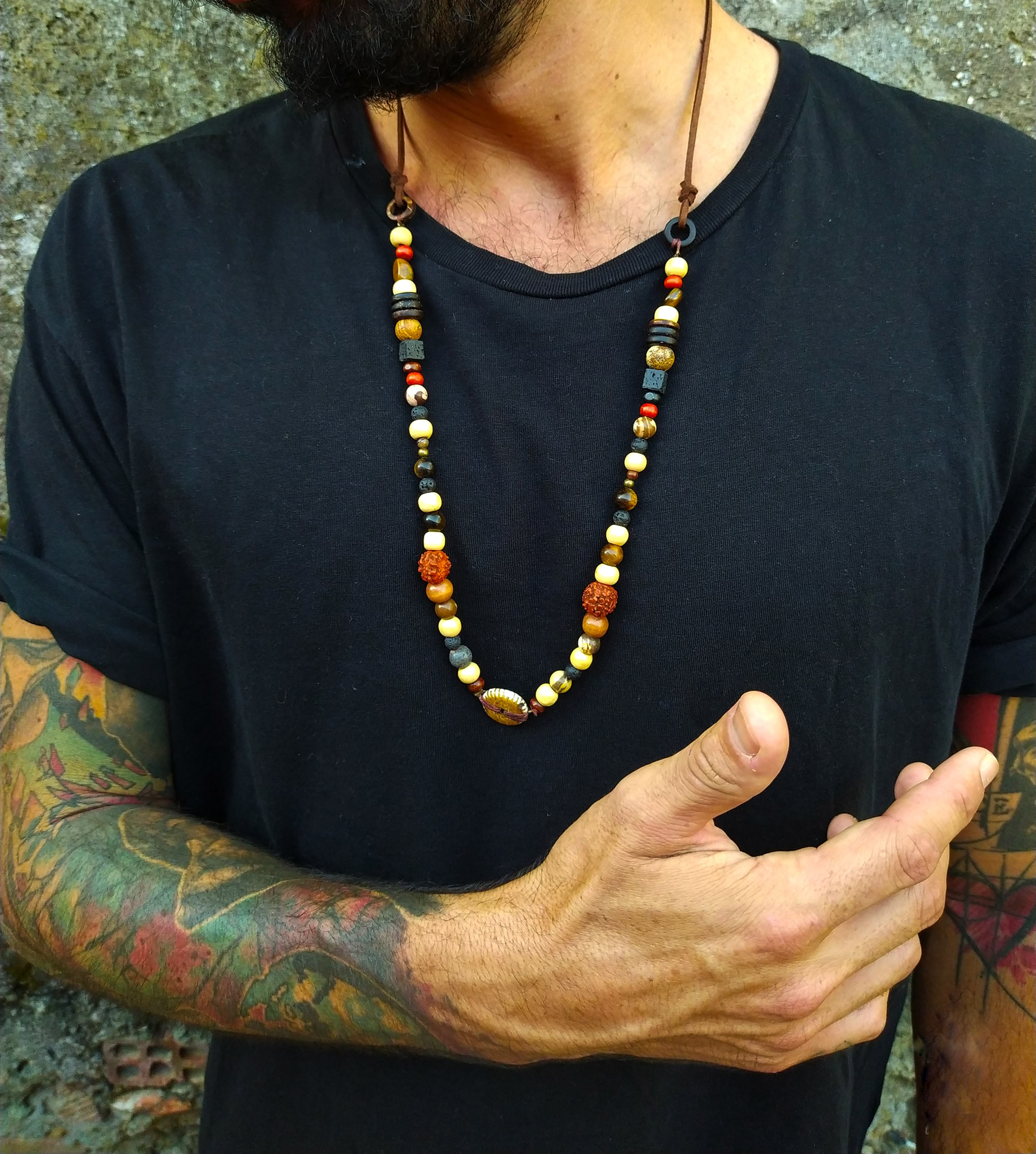 mens leather gemstone wood boho necklace- wander kewellery