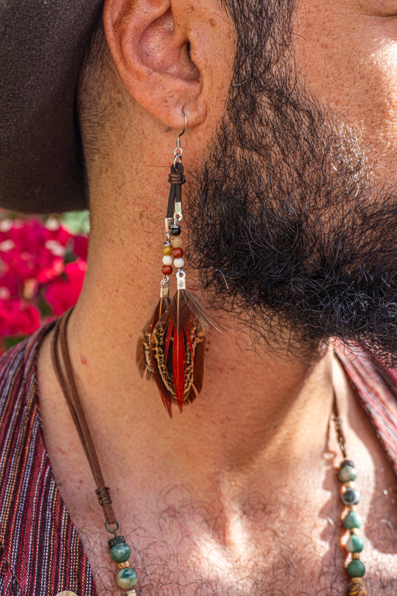 mens leather dangle boho earring with feathers and colorful beads- wander jewellery