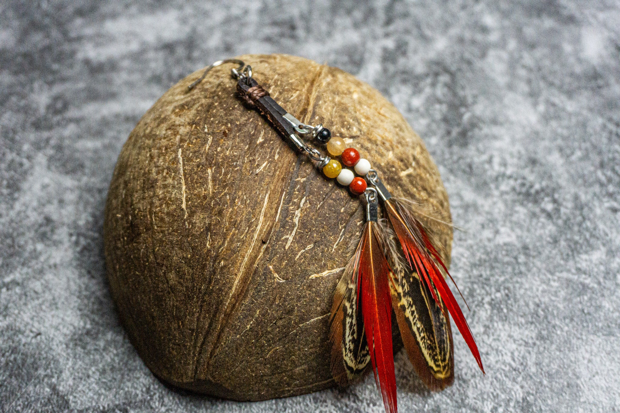 boho feather 
earring with double feathers leather 
and beads- wander jewellery