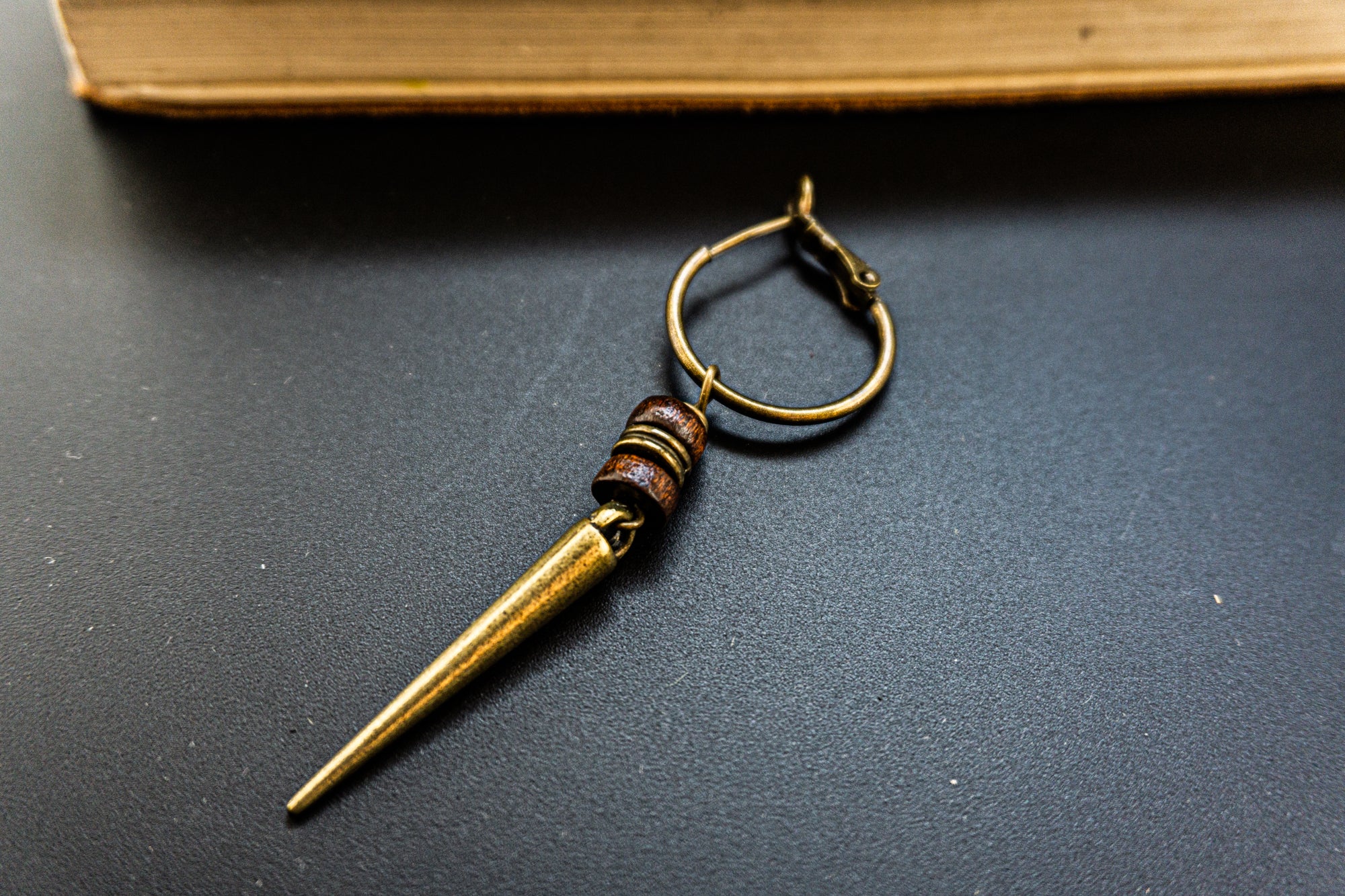 mens long bronze spike hoop earring with wooden bead- wander jewellery