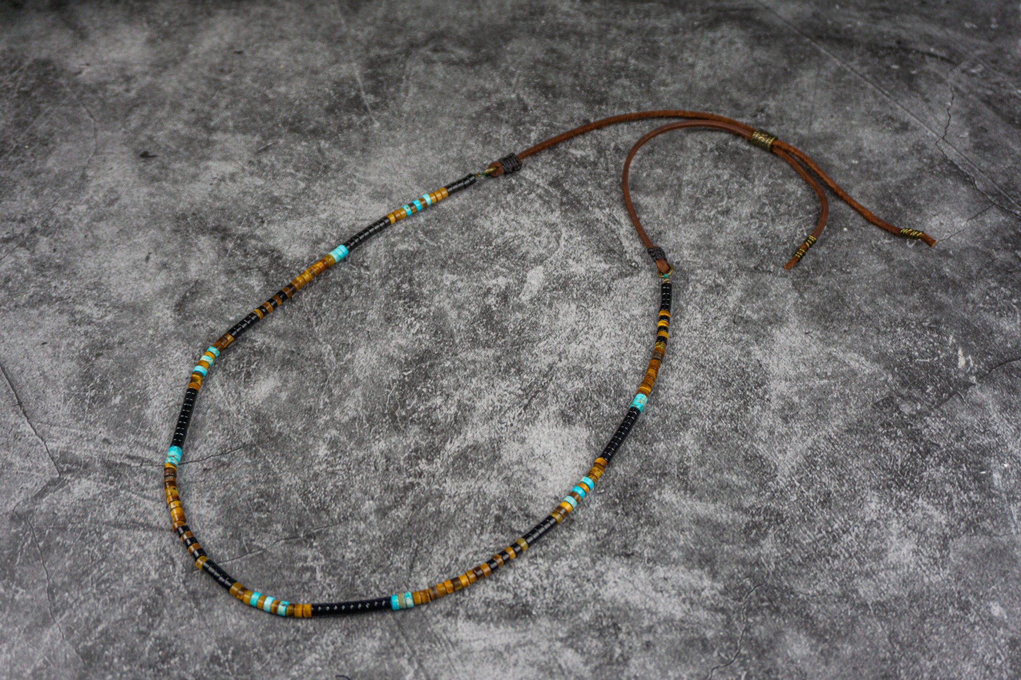 long colorful heishi bead gemstone and leather necklace- wander jewellery