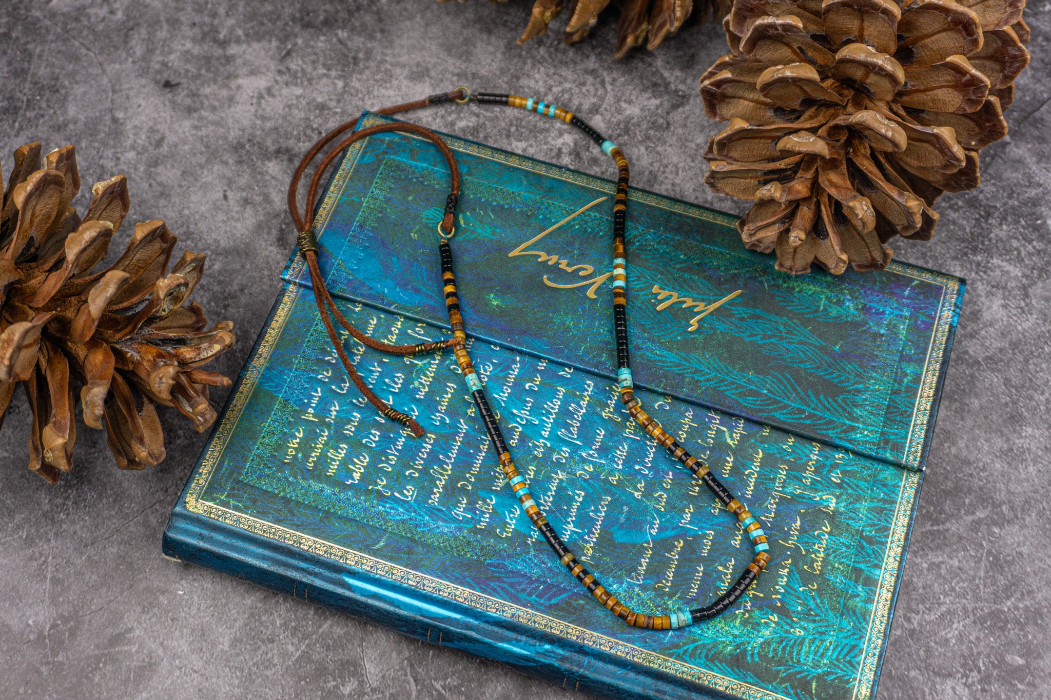 long beaded gemstone and leather necklace- wander jewellery