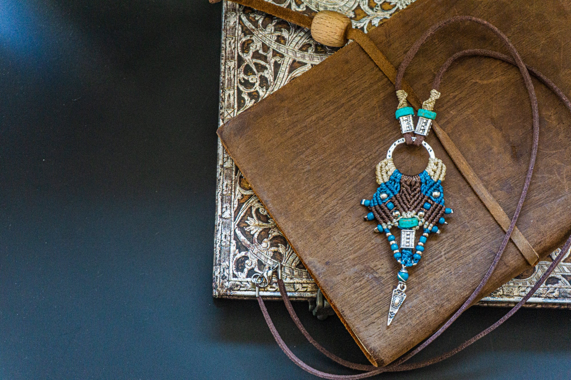 Decorative necklace with blue and gold pendant on a brown leather strap, placed on an ornate book.
