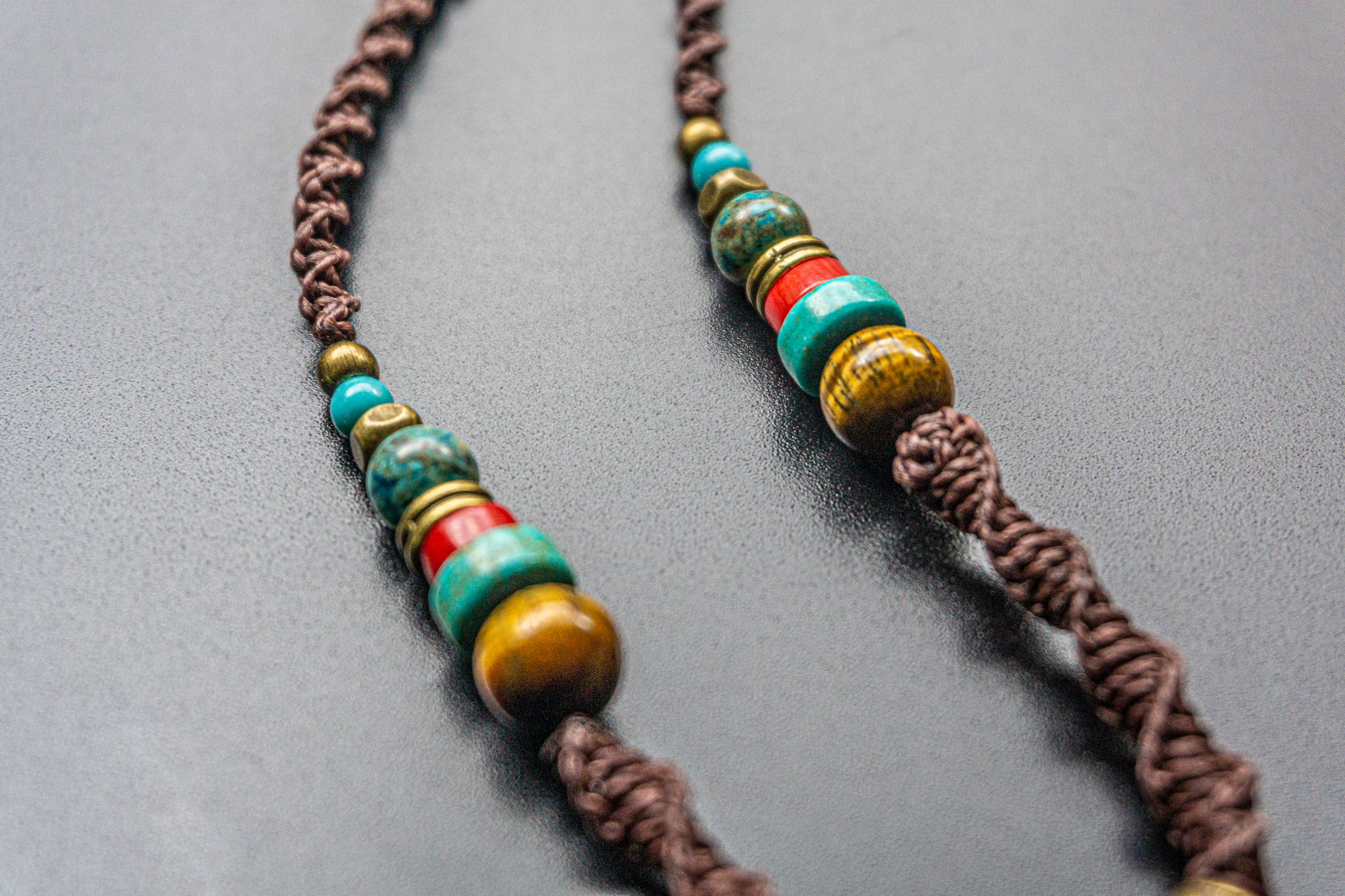 boho spiritual macrame necklace with tiger eye and turquoise gemstones- wander jewellery